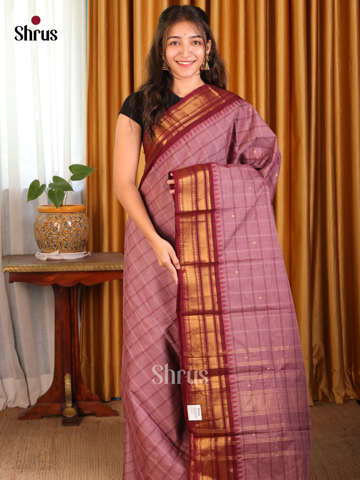 Onion Pink with Maroon - Chettinad Cotton Saree - Shop on Shrus.com