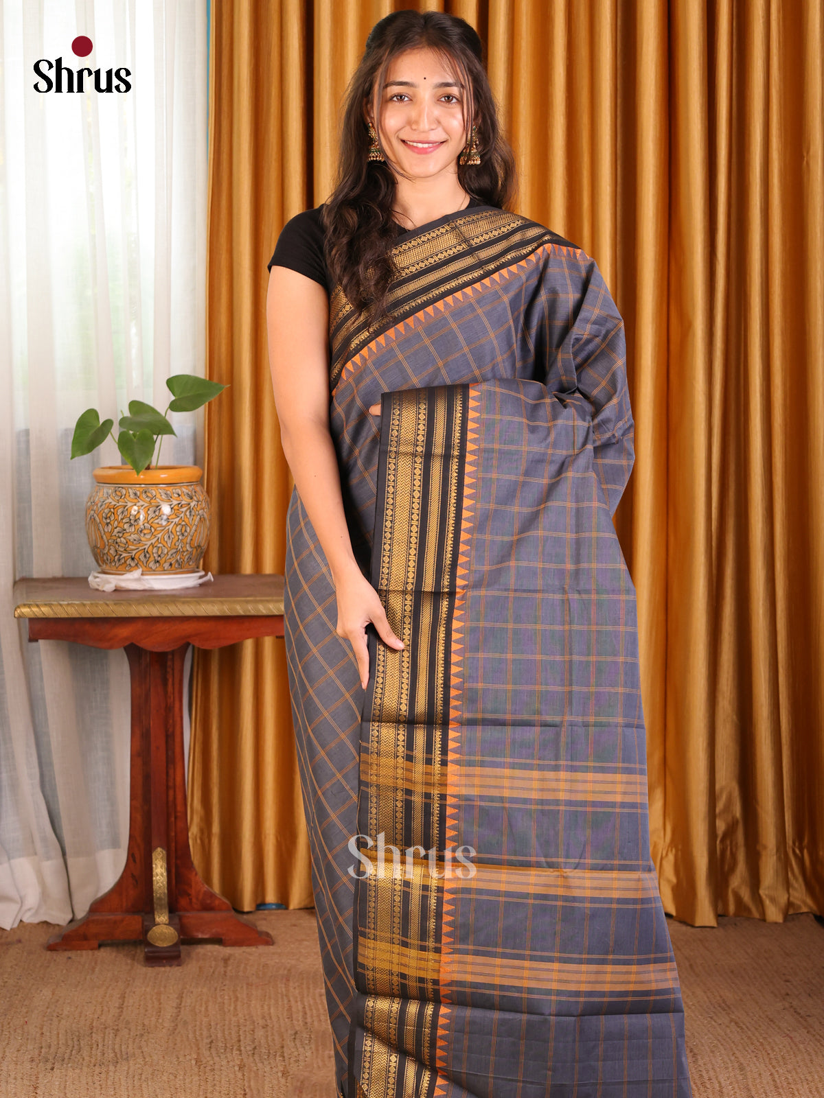 Exquisite Pure Chettinad Cotton Sarees with Grey Checks & Black Zari Border - Shop on Shrus.com