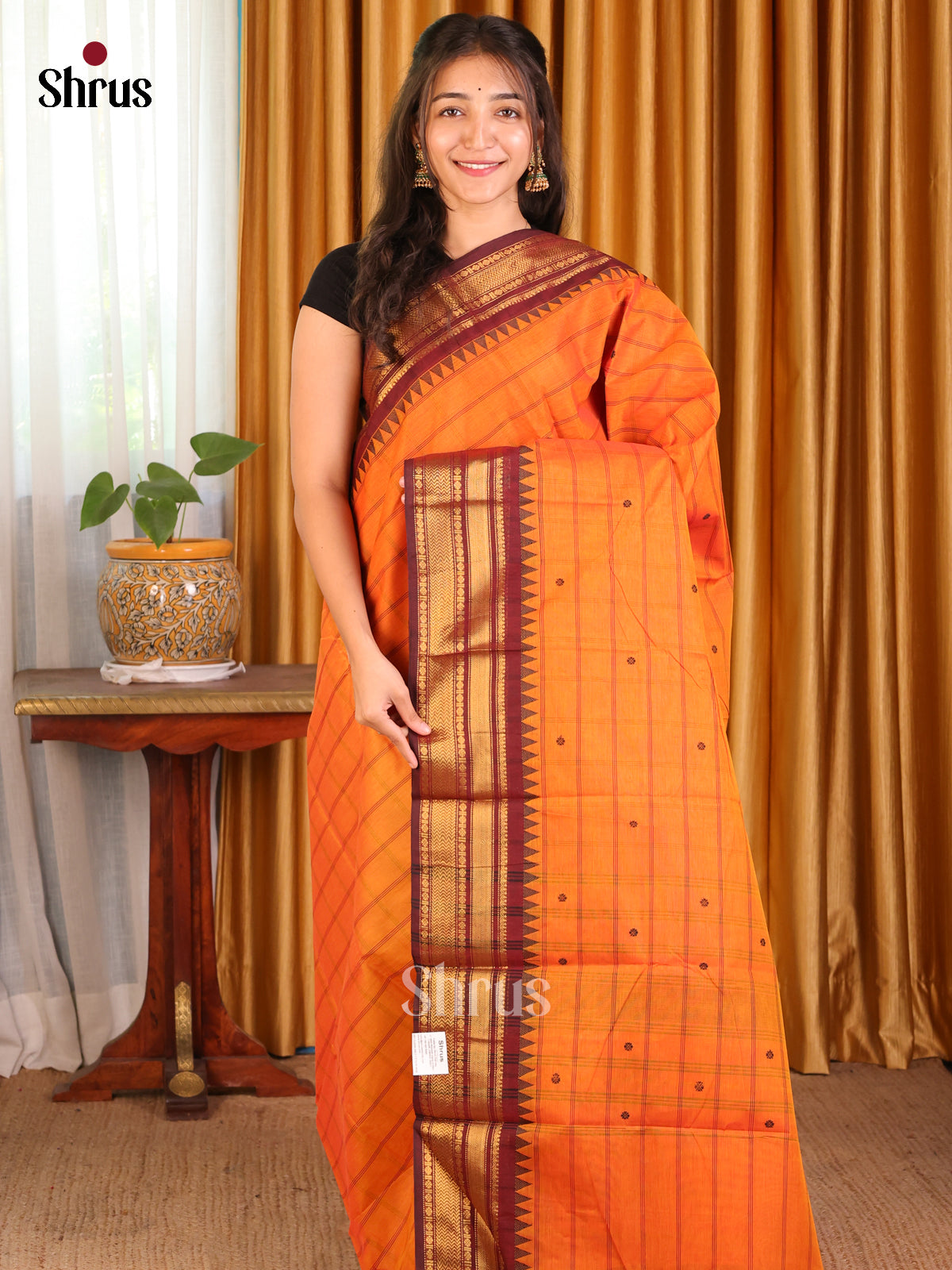 Orange with Maroon- Chettinad Cotton Saree - Shop on Shrus.com