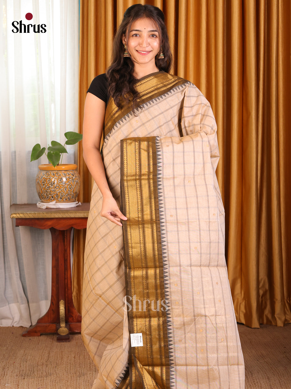 Cream with Chutney Green - Chettinad Cotton Saree - Shop on Shrus.com