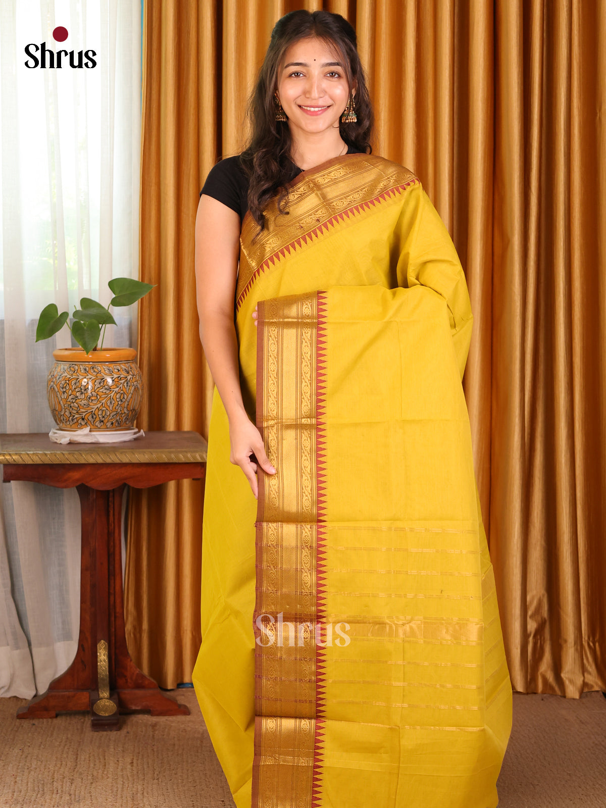 Mustardy Green with Brown - Chettinad Cotton Saree - Shop on Shrus.com