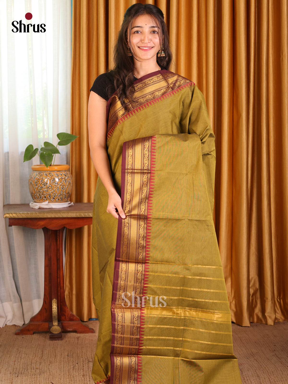 Mehandi Green with Maroon - Chettinad Cotton Saree - Shop on Shrus.com