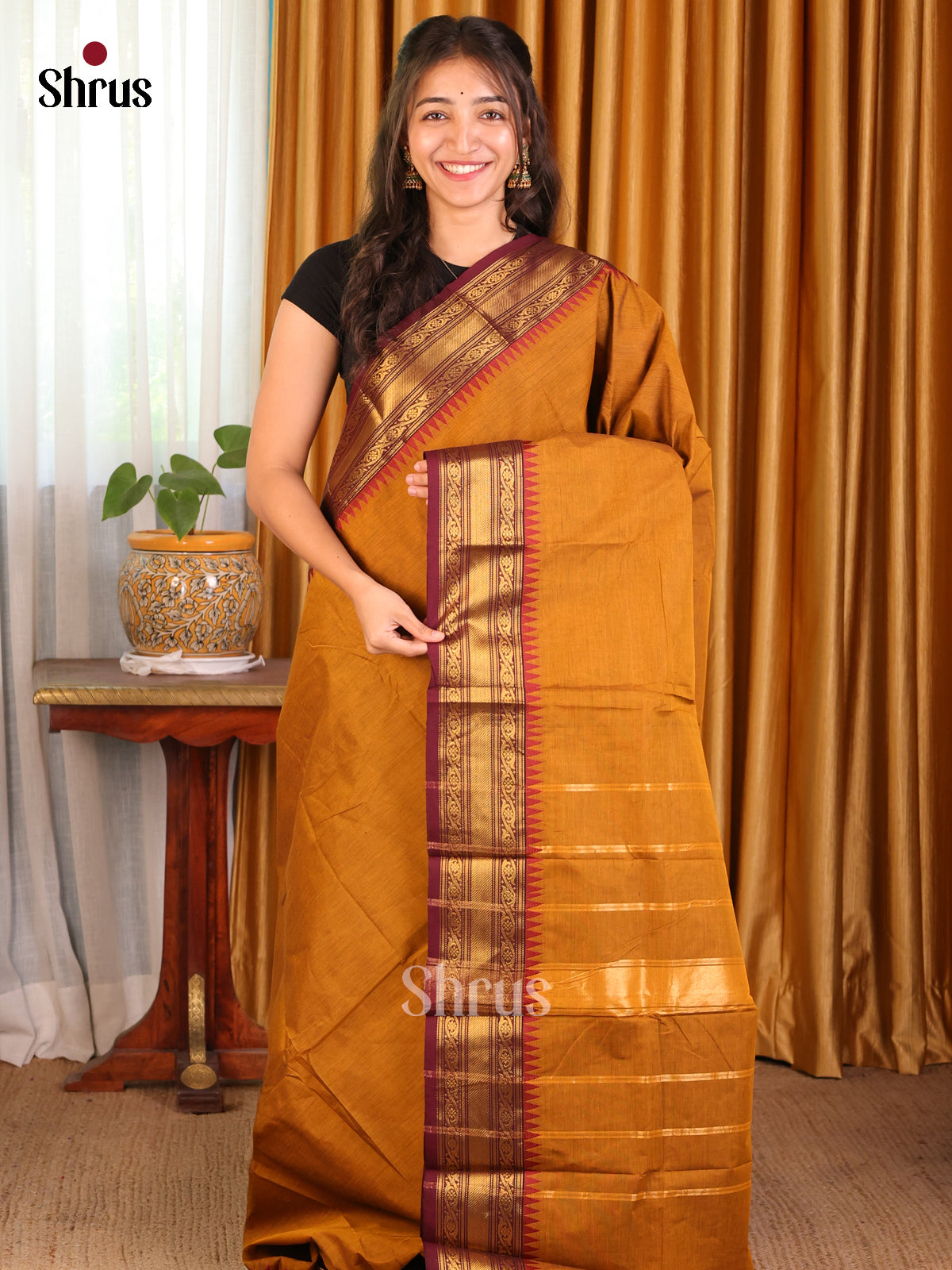 Mustard with Maroon - Chettinad Cotton Saree - Shop on Shrus.com