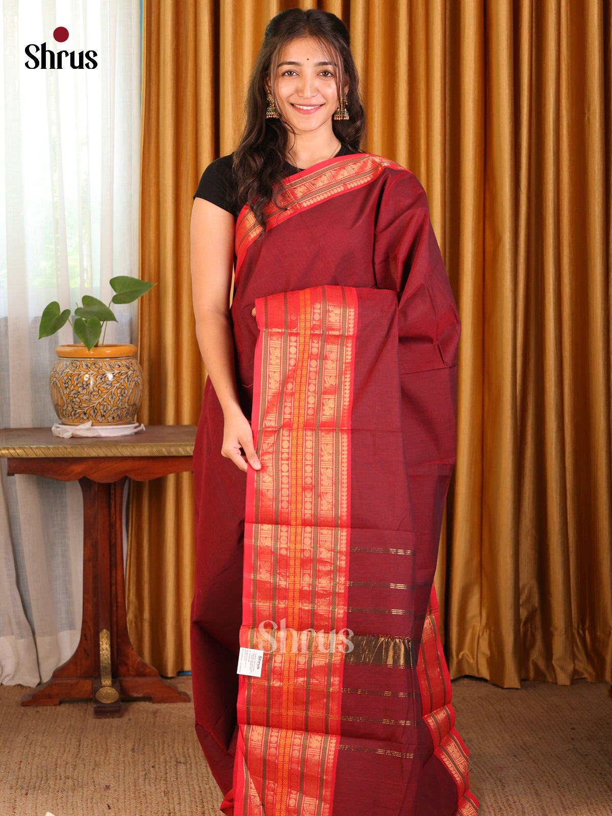 Striking Maroon Chettinad Cotton Saree with Red Zari Border - Shop on Shrus.com