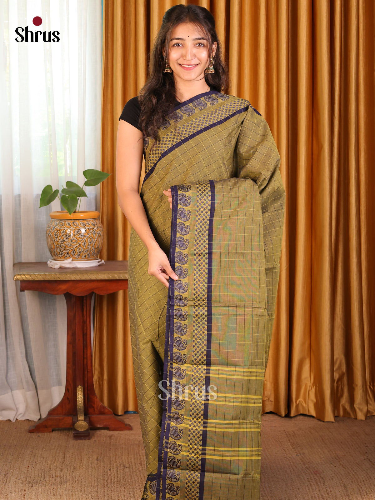 Chutney Green Chettinad Cotton Saree with Blue Border & Self Pallu - Shop on Shrus.com