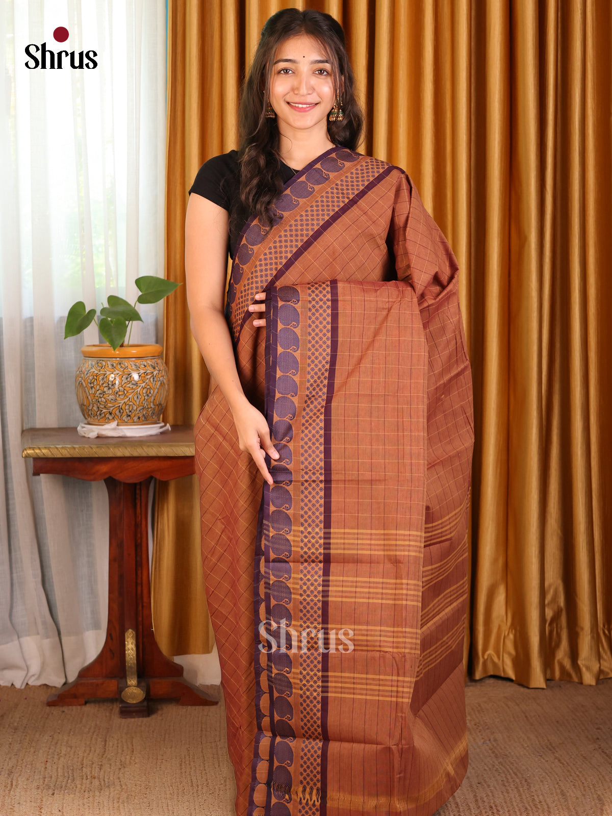 Brown with Purple - Chettinad Cotton Saree - Shop on Shrus.com