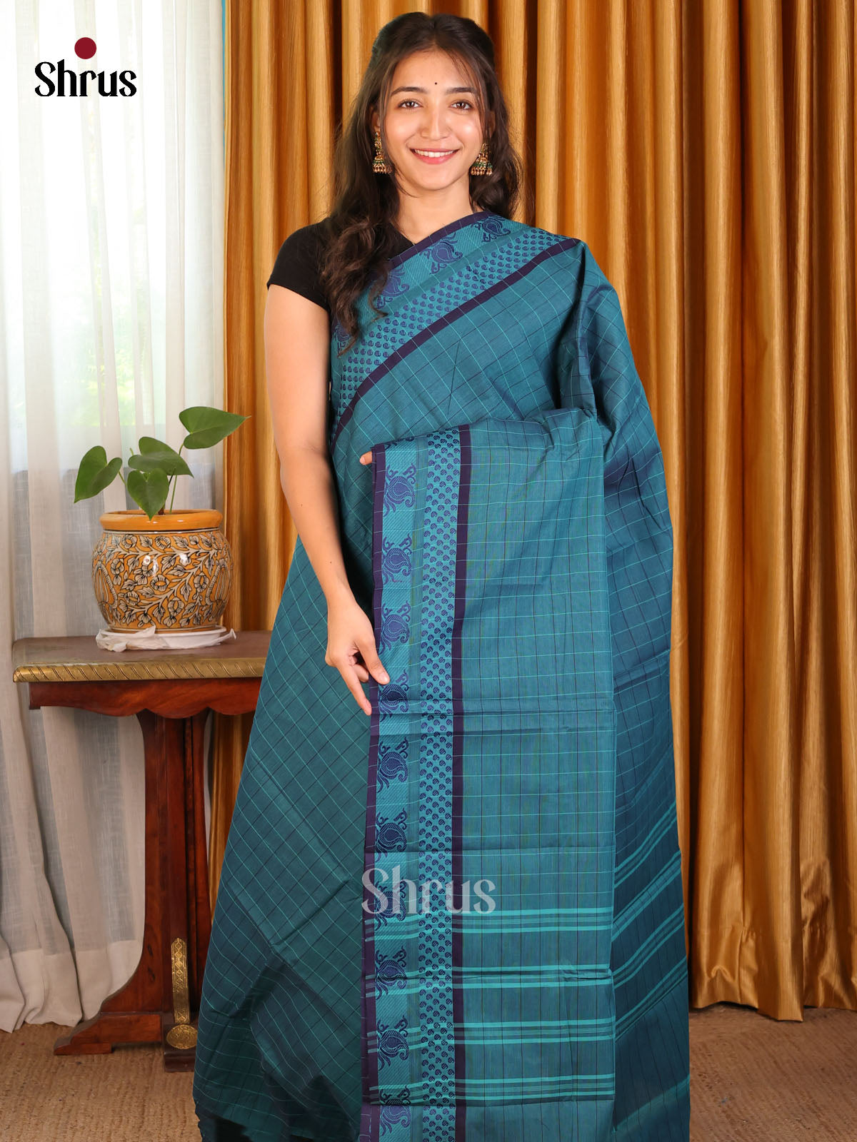 Teal & Blue - Chettinad Cotton Saree - Shop on Shrus.com