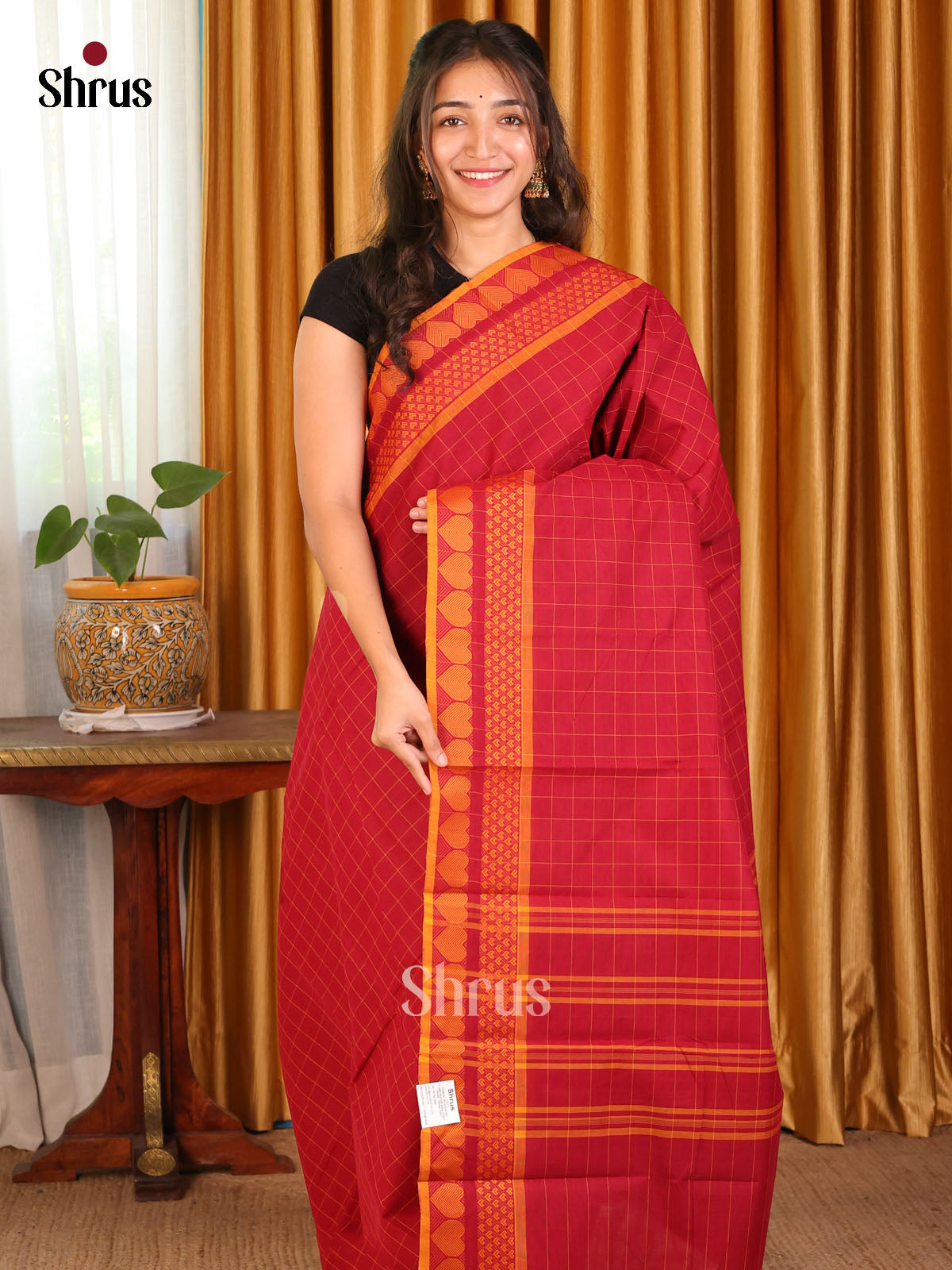 Fiery Red Chettinad Cotton Saree with Mustard Border & Self Pallu - Shop on Shrus.com