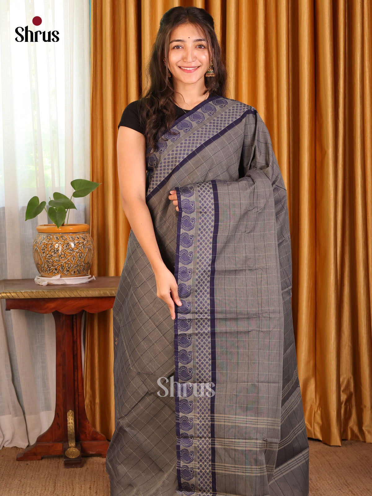 Grey with Blue - Chettinad Cotton Saree - Shop on Shrus.com