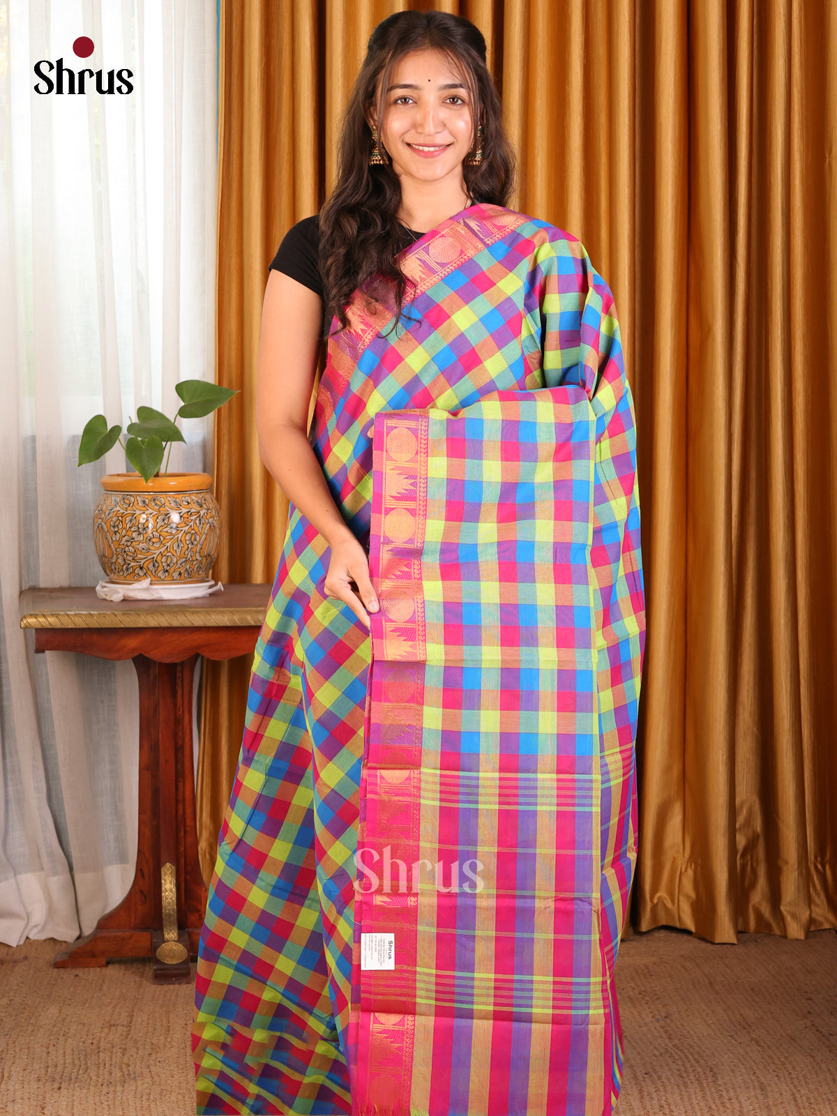 Green, Pink & Blue Checkered Chettinad Cotton Saree with Pink Zari Border - Shop on Shrus.com