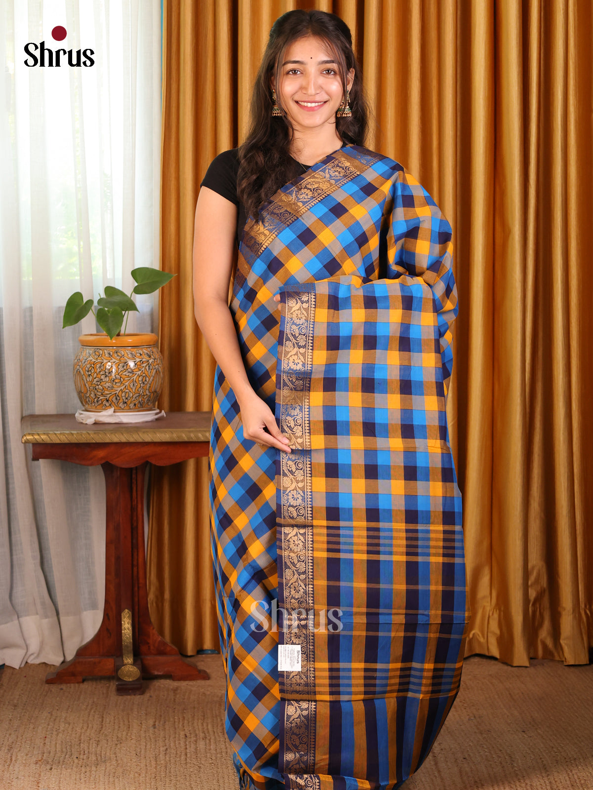 Mustard Blue Checkered Chettinad Cotton Saree with Blue Zari Border - Shop on Shrus.com