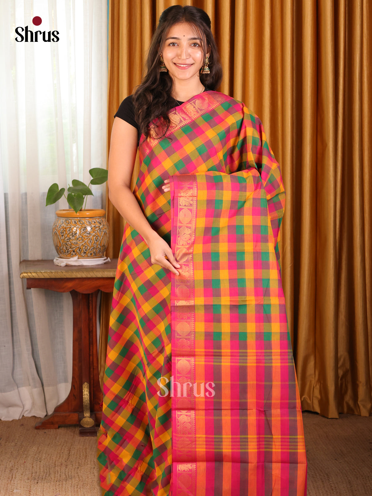 Mustard, Green , Pink - Chettinad Cotton Saree - Shop on Shrus.com
