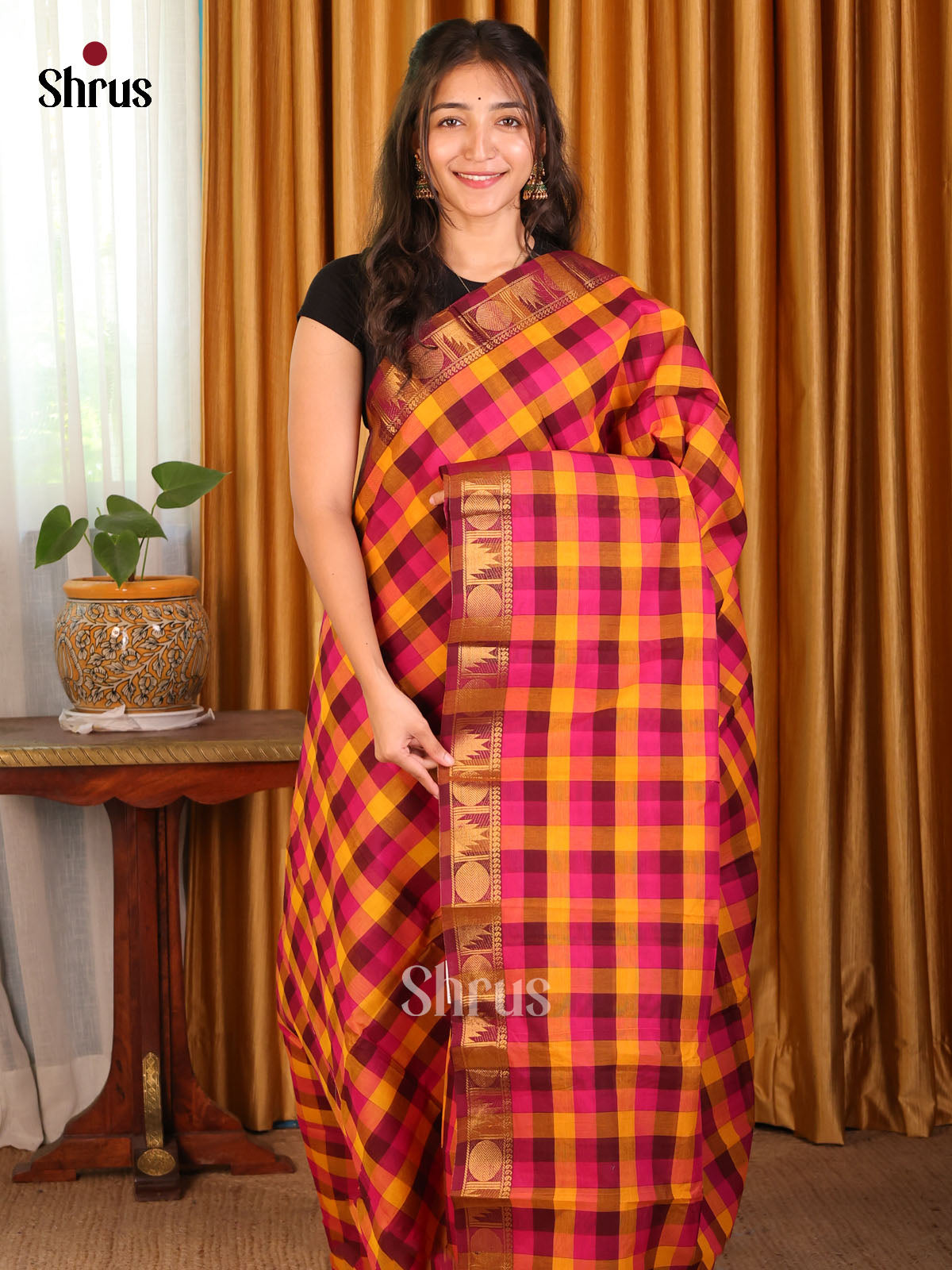 Regal Maroon, Pink & Mustard Chettinad Cotton Saree with Zari Border - Shop on Shrus.com