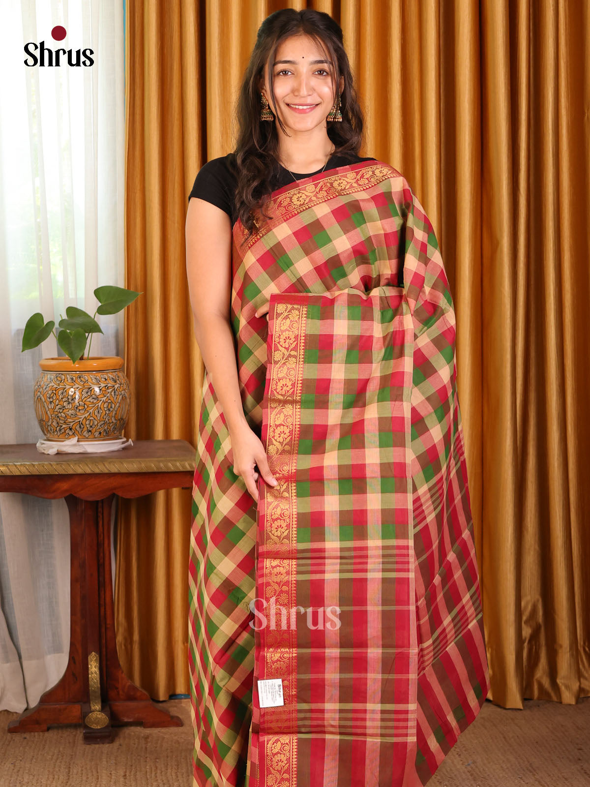 Maroon with Green - Chettinad Cotton Saree - Shop on Shrus.com