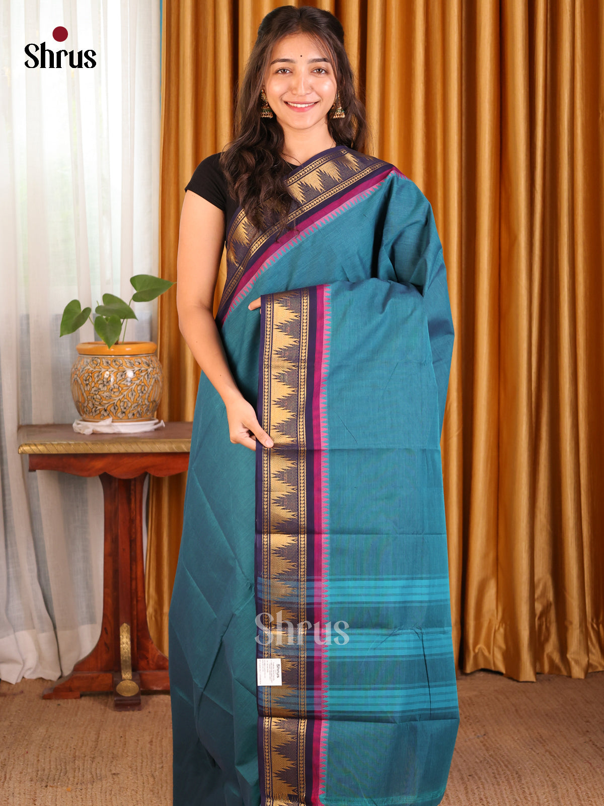 Teal Chettinad Cotton Saree with Blue Zari Border - Shop on Shrus.com