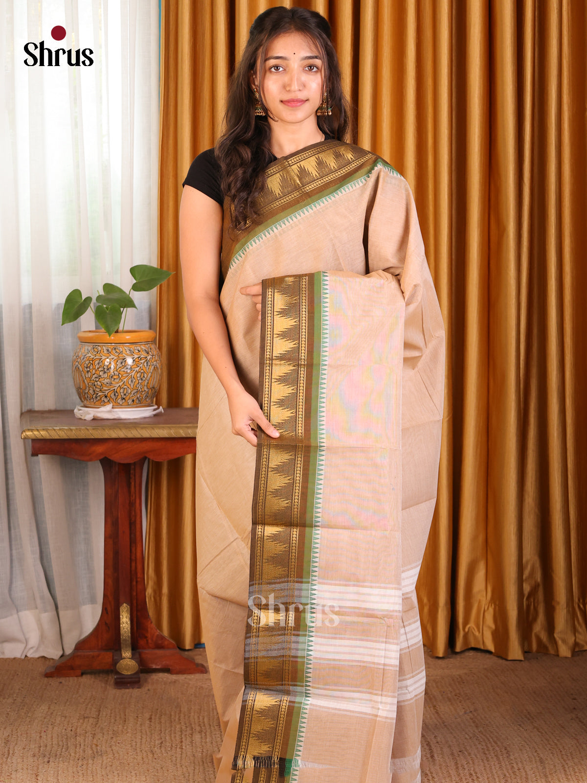 Dusty Brown Chettinad Cotton Saree with Temple Zari Border & Self Pallu - Shop on Shrus.com