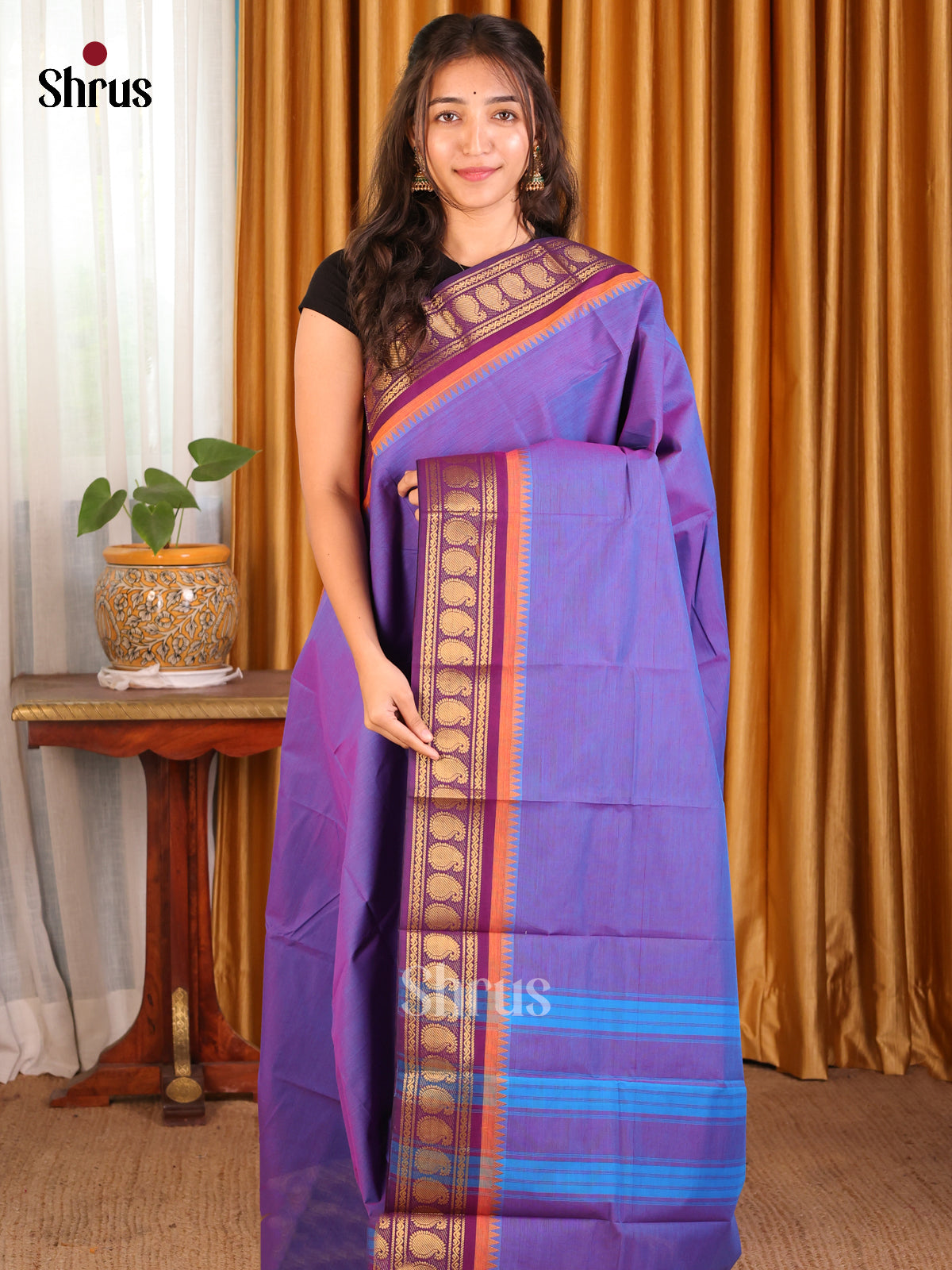 Double Shaded Blue with Violet - Chettinad Cotton Saree - Shop on Shrus.com