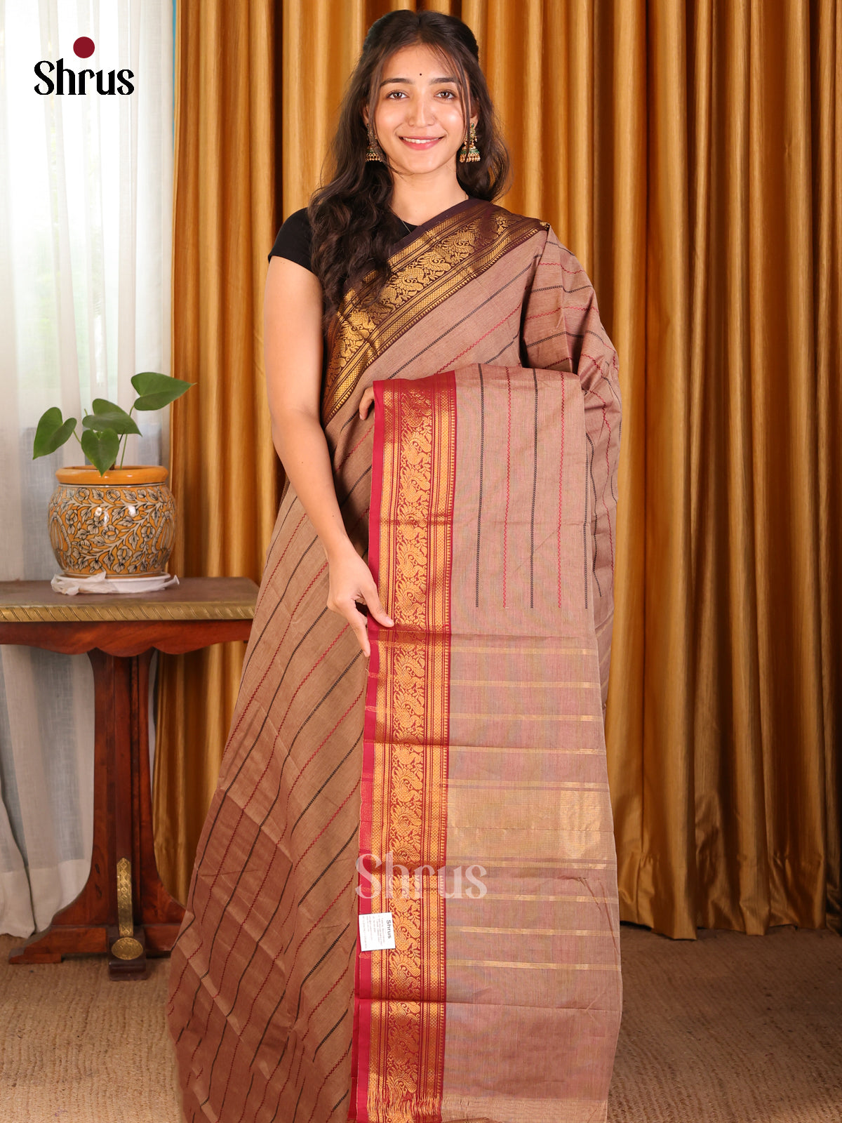 Dusty Brown Chettinad Cotton Saree with Ganga Jamuna Zari Border - Shop on Shrus.com