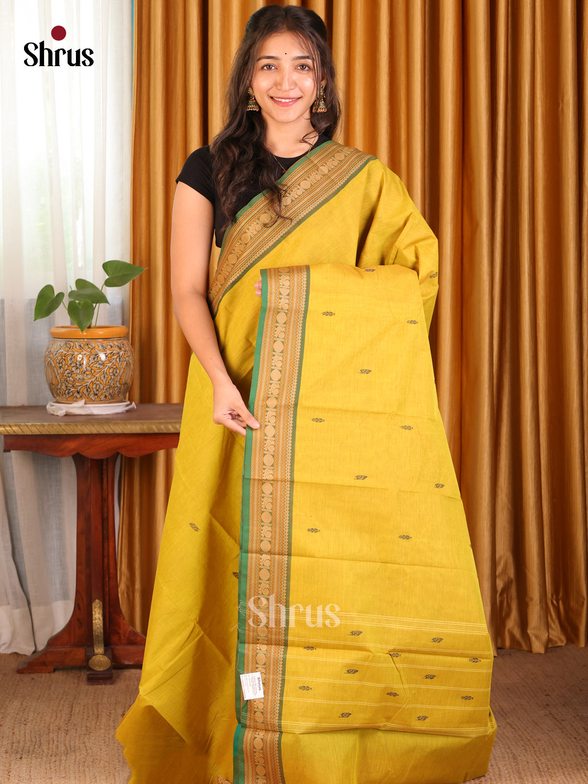 Mustard with Green - Chettinad Cotton Saree - Shop on Shrus.com