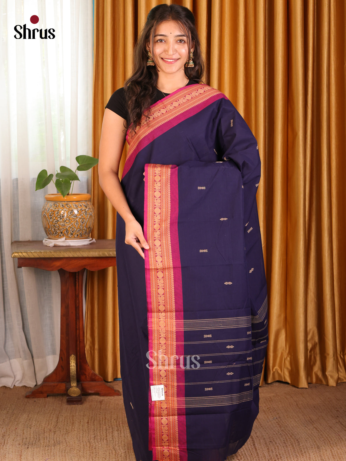 Dark Blue with Pink - Chettinad Cotton Saree - Shop on Shrus.com