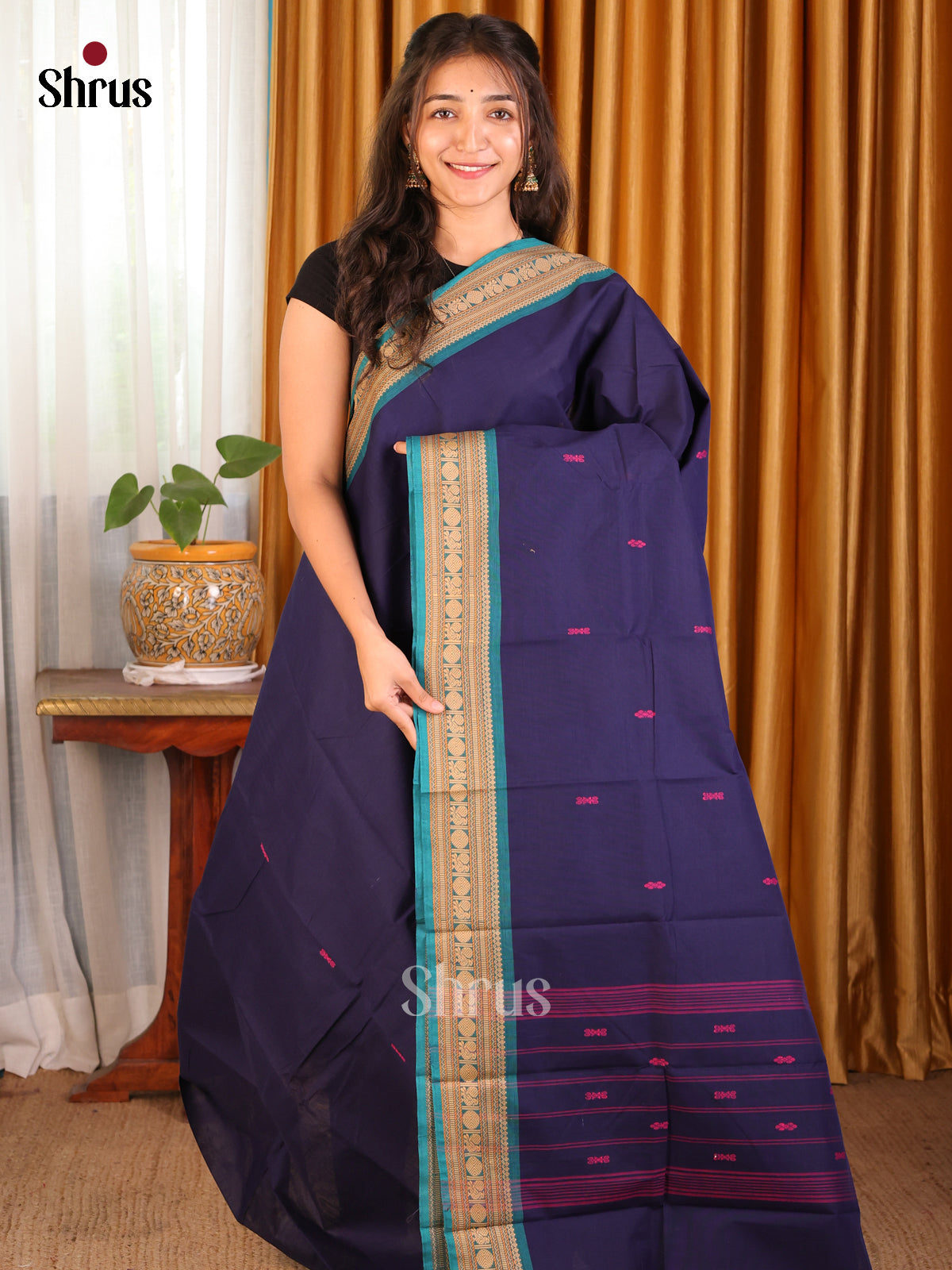 Dark Blue with Teal - Chettinad Cotton Saree - Shop on Shrus.com