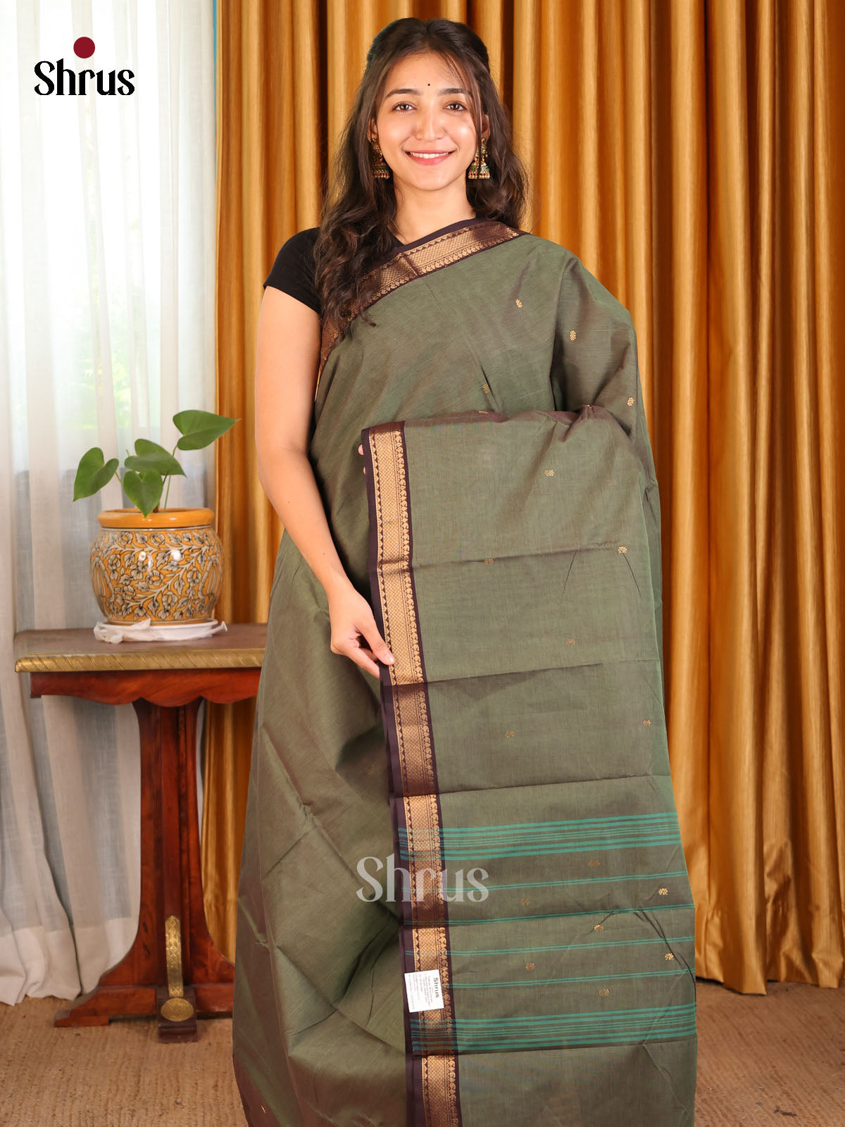 Grey green with Brown - Chettinad Cotton Saree - Shop on Shrus.com