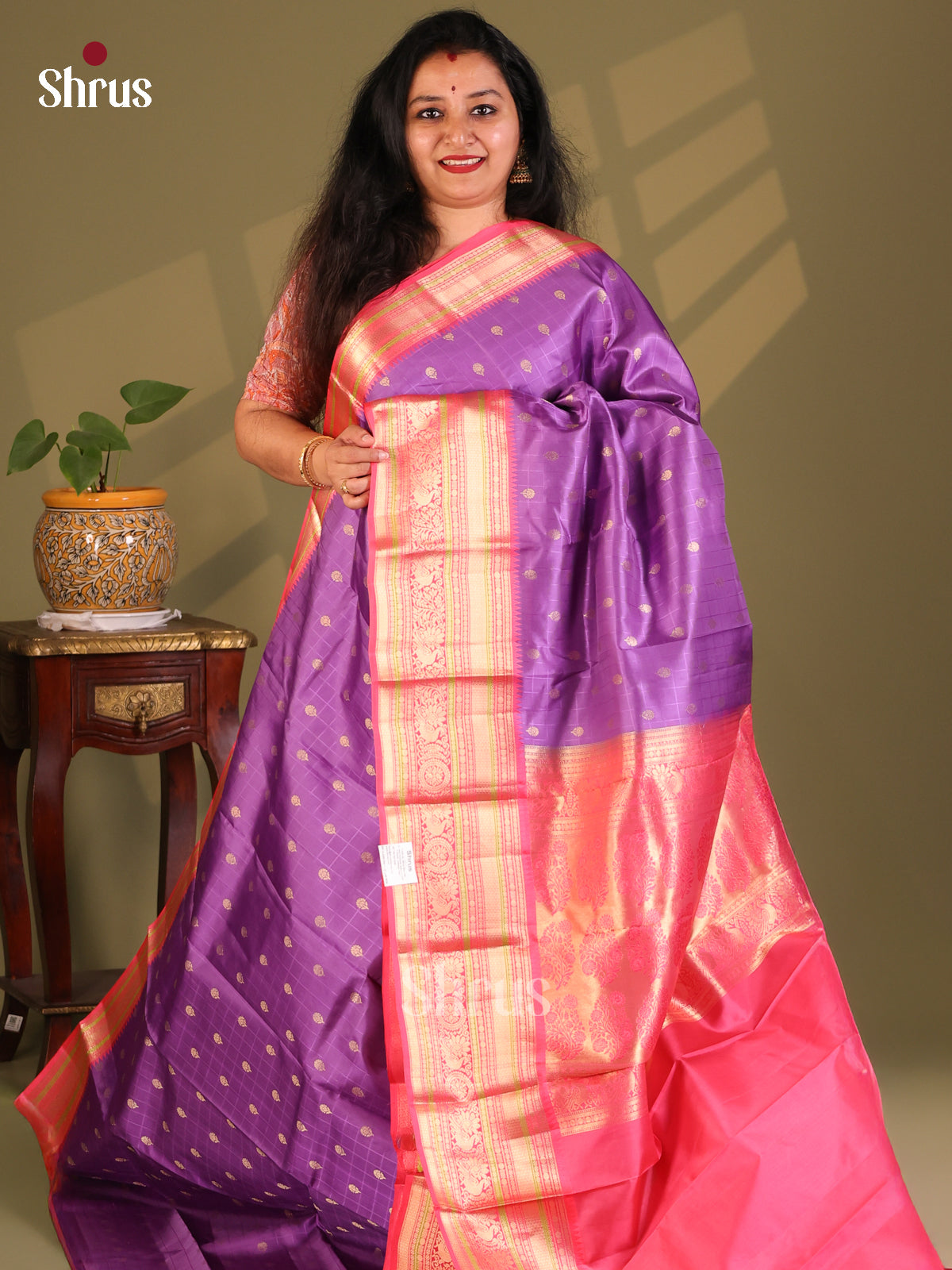 Stunning Violet Kanchipuram Silk Saree with floral buttas & self Zari checks - Shop on Shrus.com