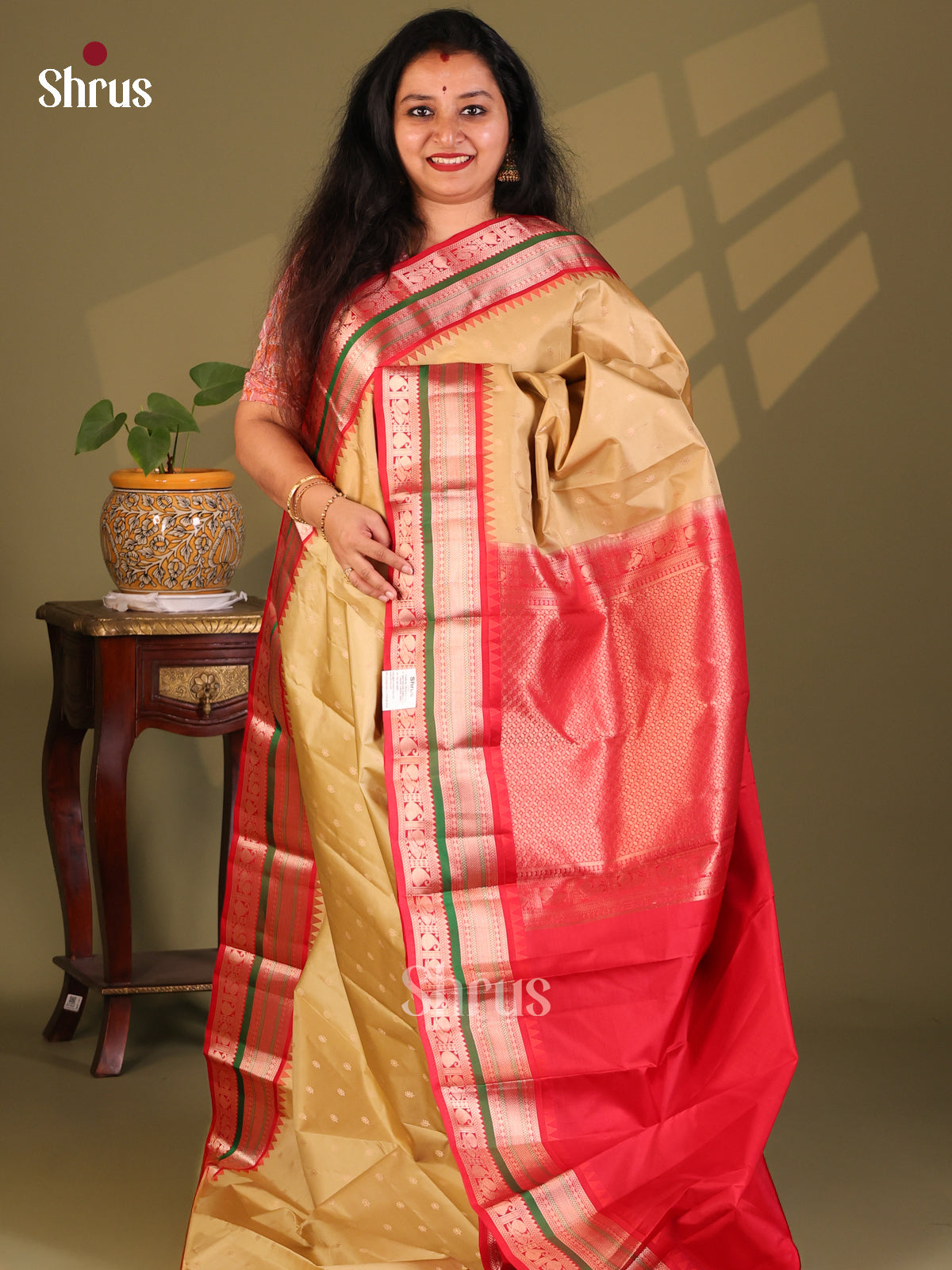 Beautiful Beige Kanchipuram Silk Saree zari peacock , paisley buttas border - Shop on Shrus.com