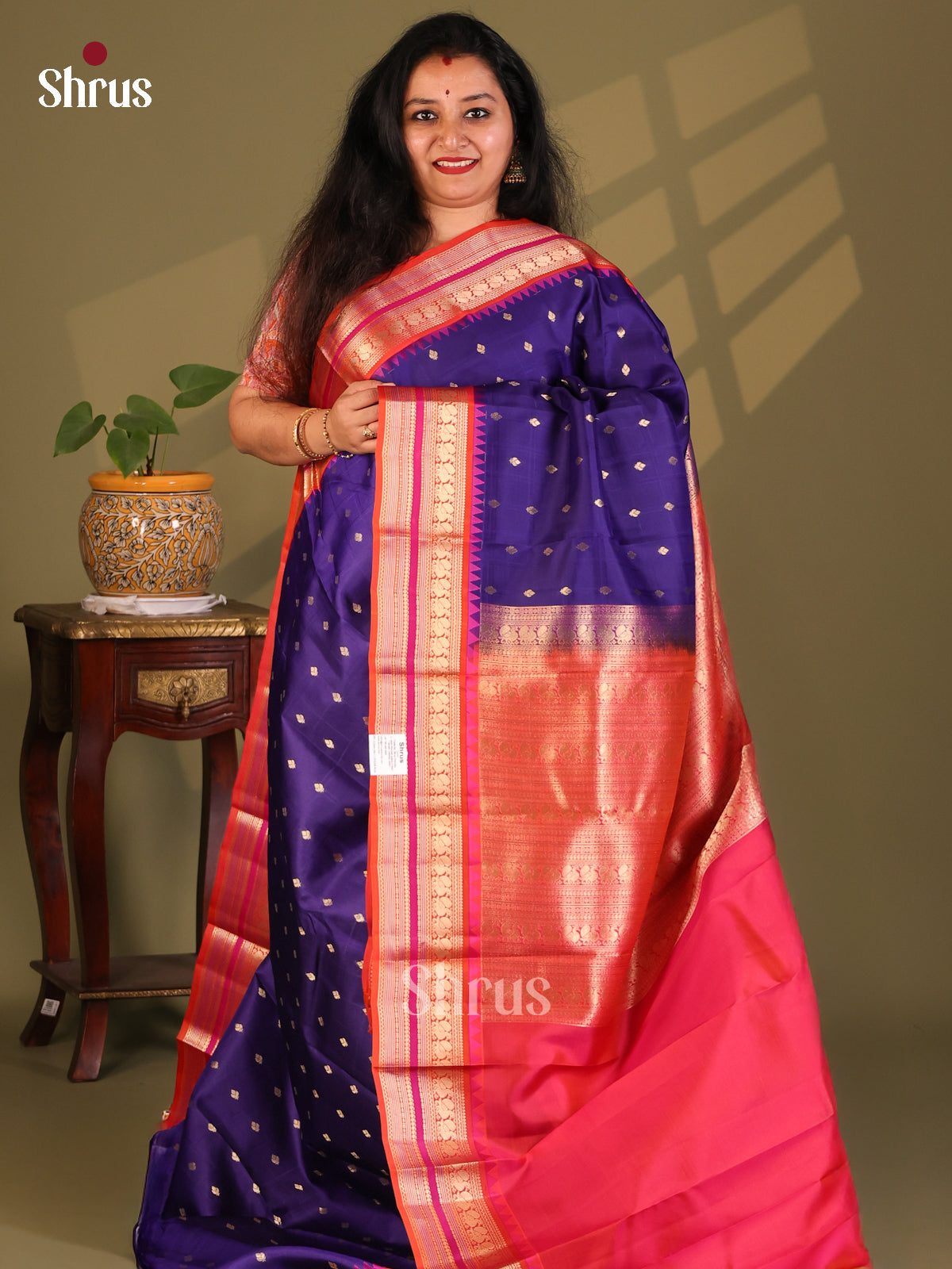 Blue & Orangish Pink Kanchipuram Silk Saree with zari buttas & rettaipet zari border - Shop on Shrus.com