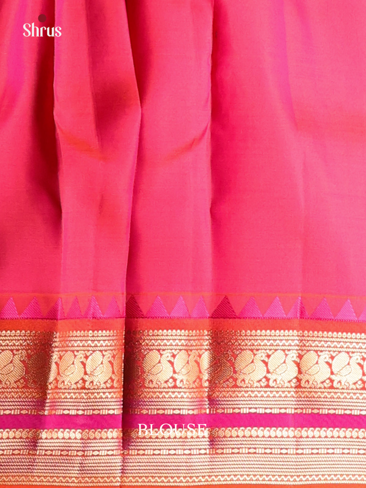Blue & Orangish Pink Kanchipuram Silk Saree with zari buttas & rettaipet zari border - Shop on Shrus.com