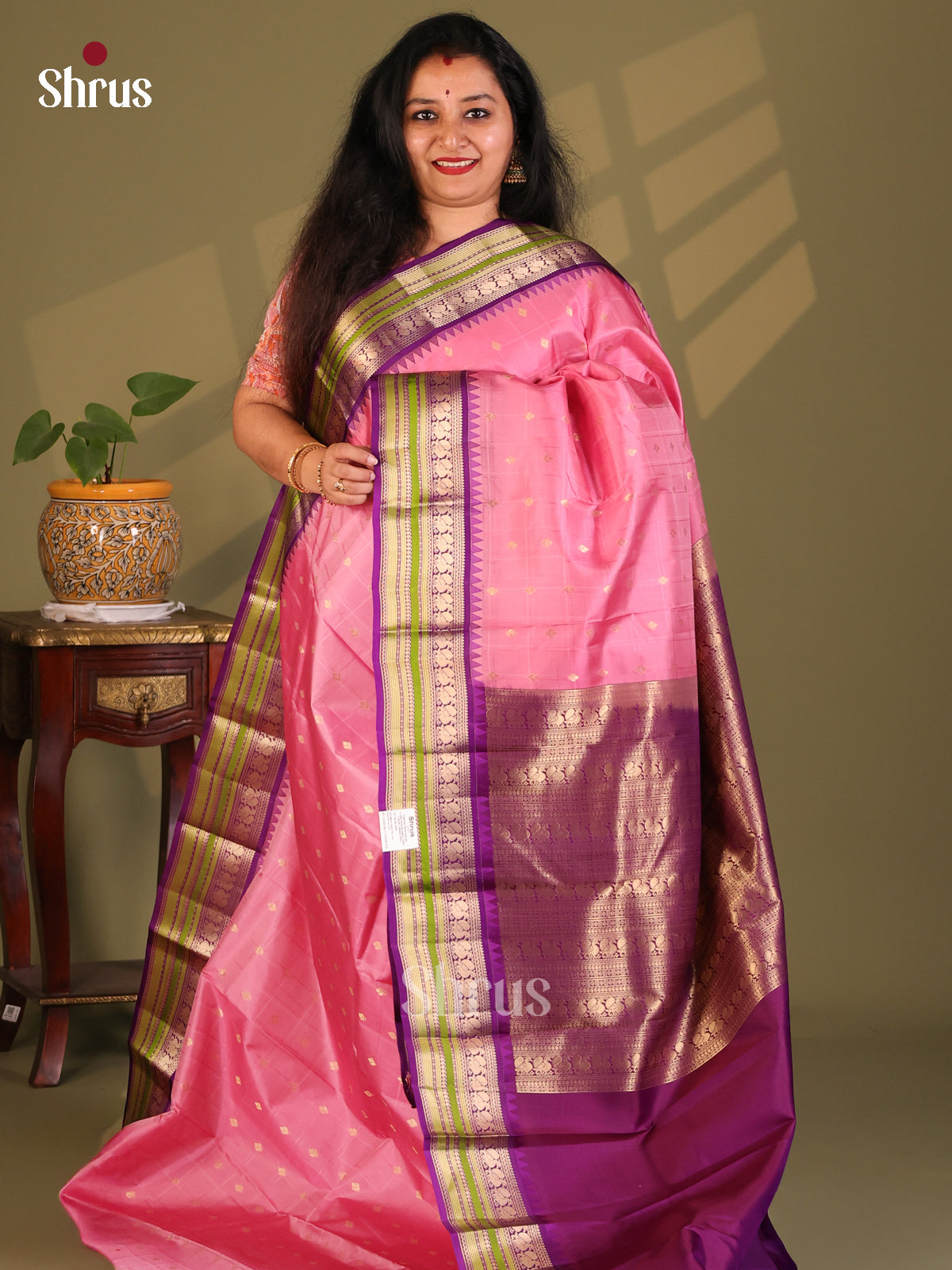 Charming Pink Kanchipuram Silk Saree with zari buttas & Brocade Pallu - Shop on Shrus.com