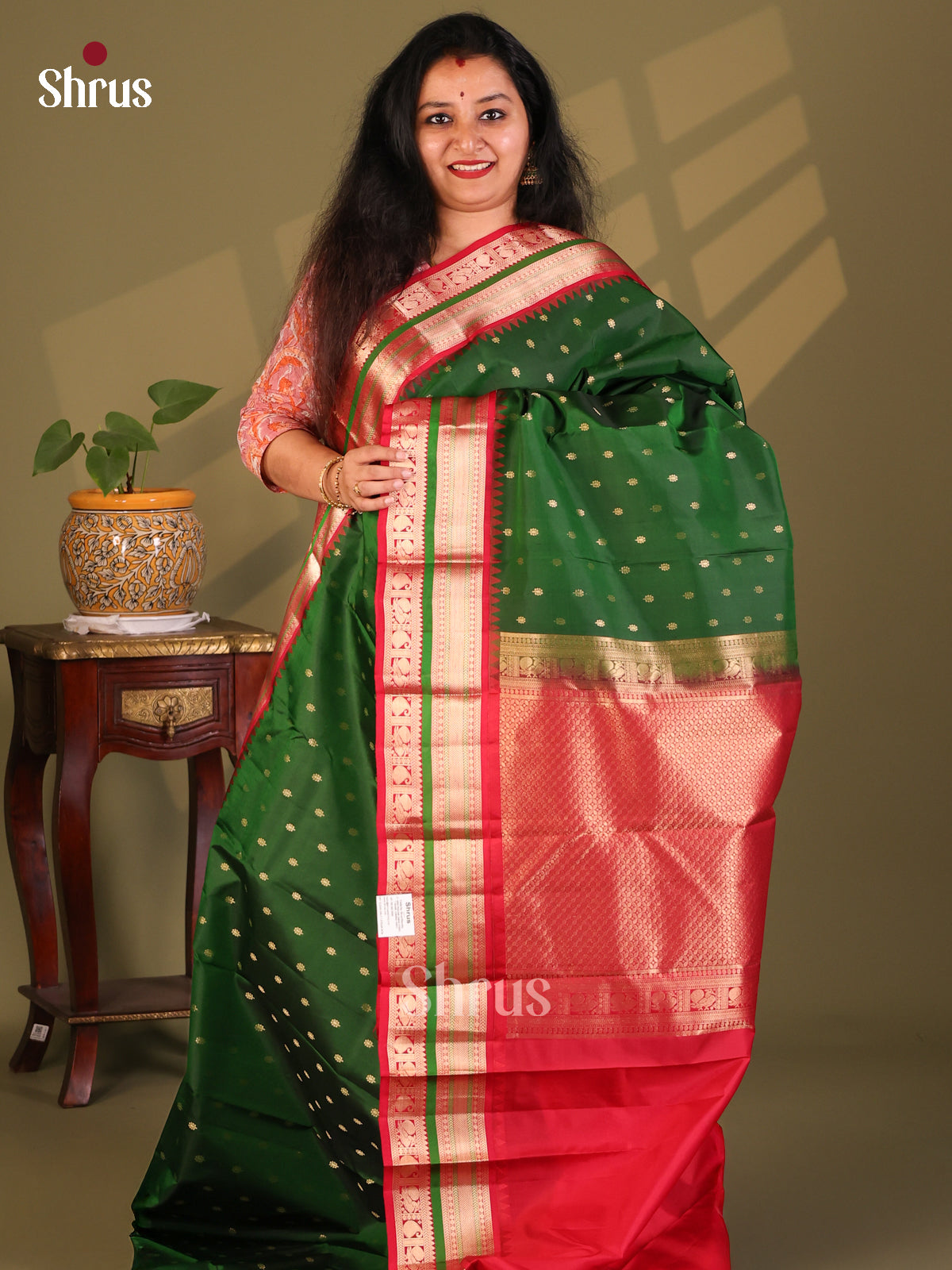 Earthy Bottle Green Kanchipuram Silk Saree with zari woven buttas-1