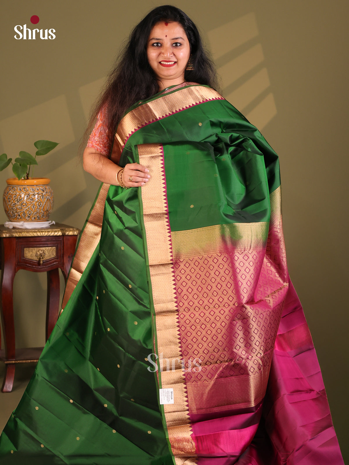 Classic Green & Maroon Kanchipuram Silk Saree with floral brocade pallu - Shop on Shrus.com