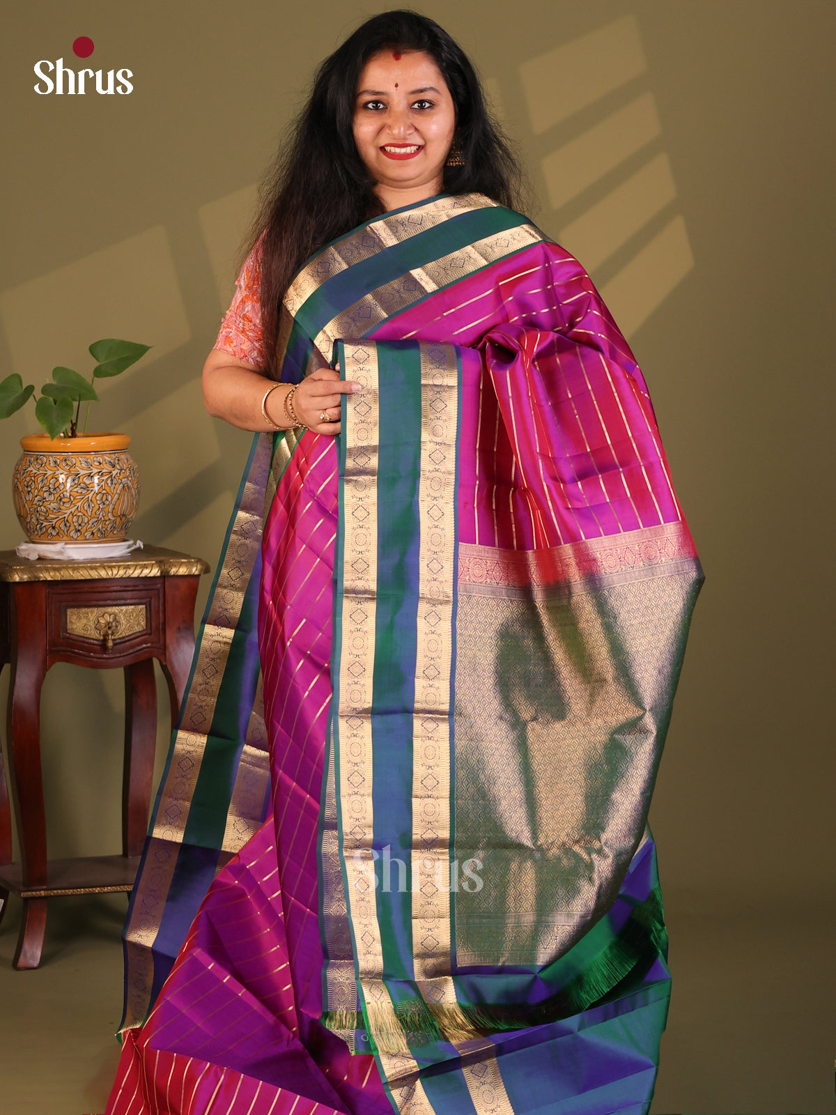 Beautiful Purple Kanchipuram Silk Saree with golden Zari stripes , rettaipet border - Shop on Shrus.com