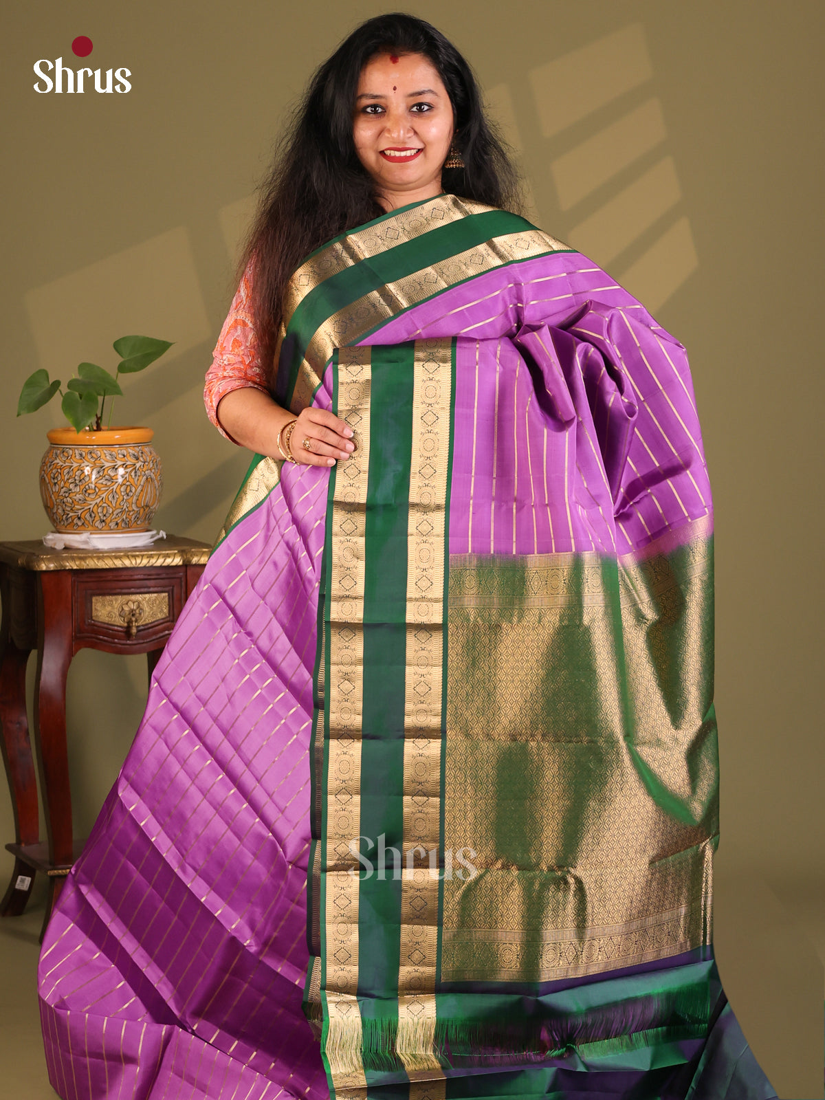 Stunning Purple Kanchipuram Silk Saree with zari stripes , floral pallu - Shop on Shrus.com