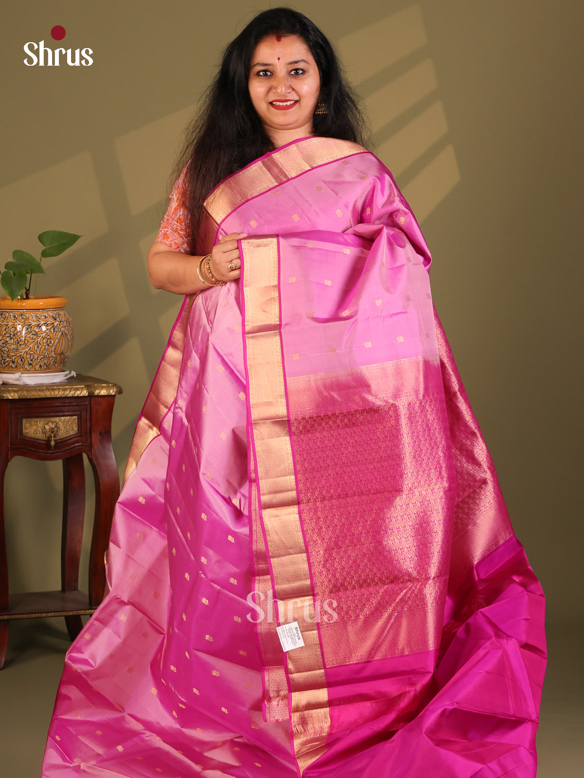 Charming Pink Kanchipuram Silk Saree with zari buttas , kaddi zari border - Shop on Shrus.com