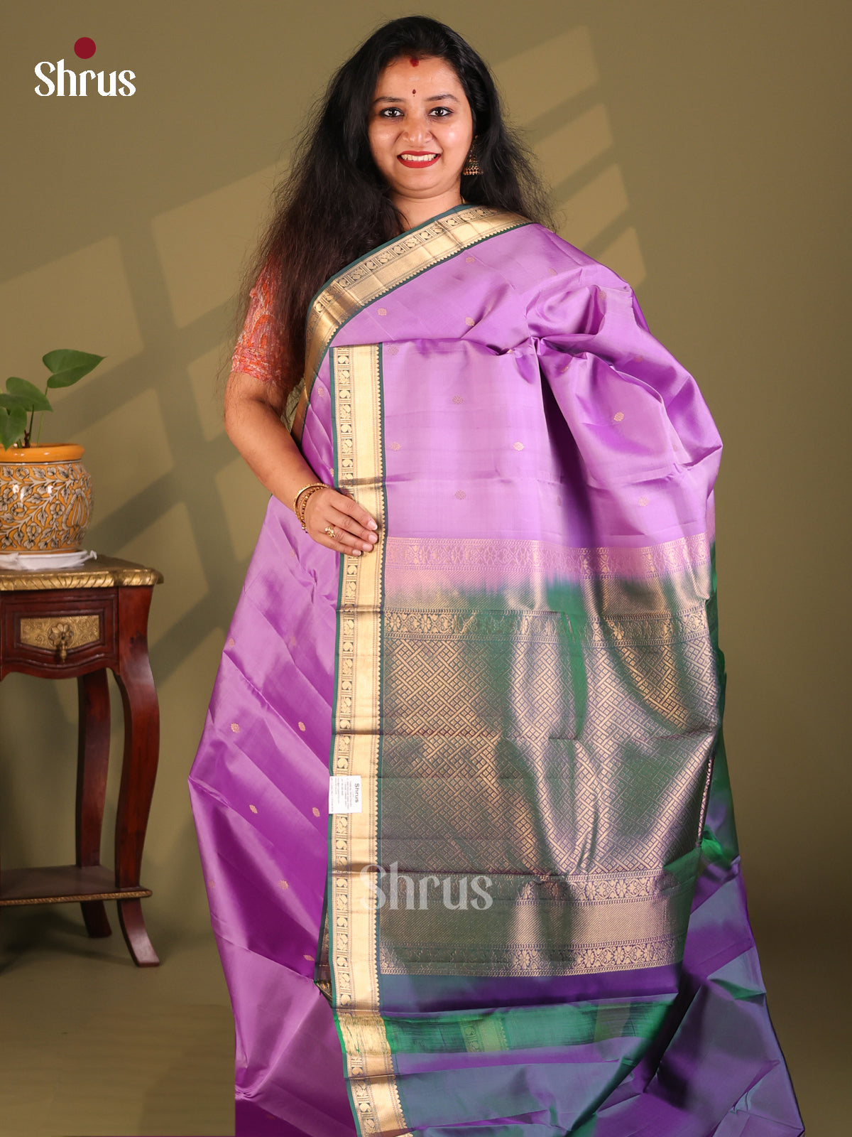 Beautiful Lilac & double shaded Green Kanchipuram Silk Saree with zari woven buttas - Shop on Shrus.com