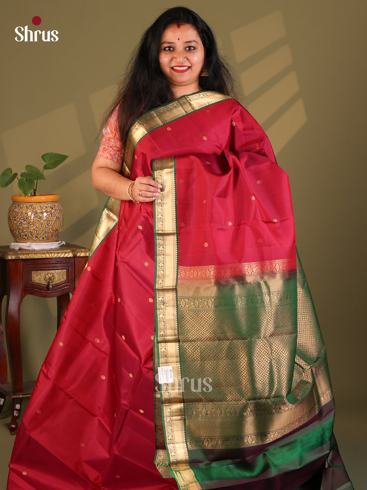 Classy Maroon Kanchipuram Silk Saree with intricate small buttas & Green Pallu - Shop on Shrus.com