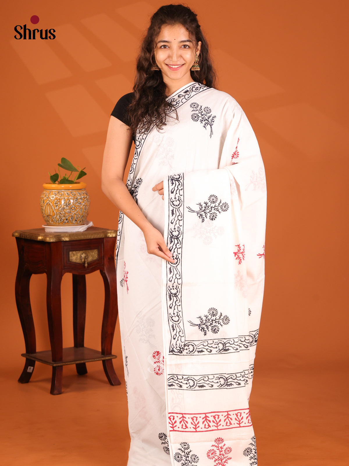 Cream & Black- Jaipur cotton Saree - Shop on Shrus.com