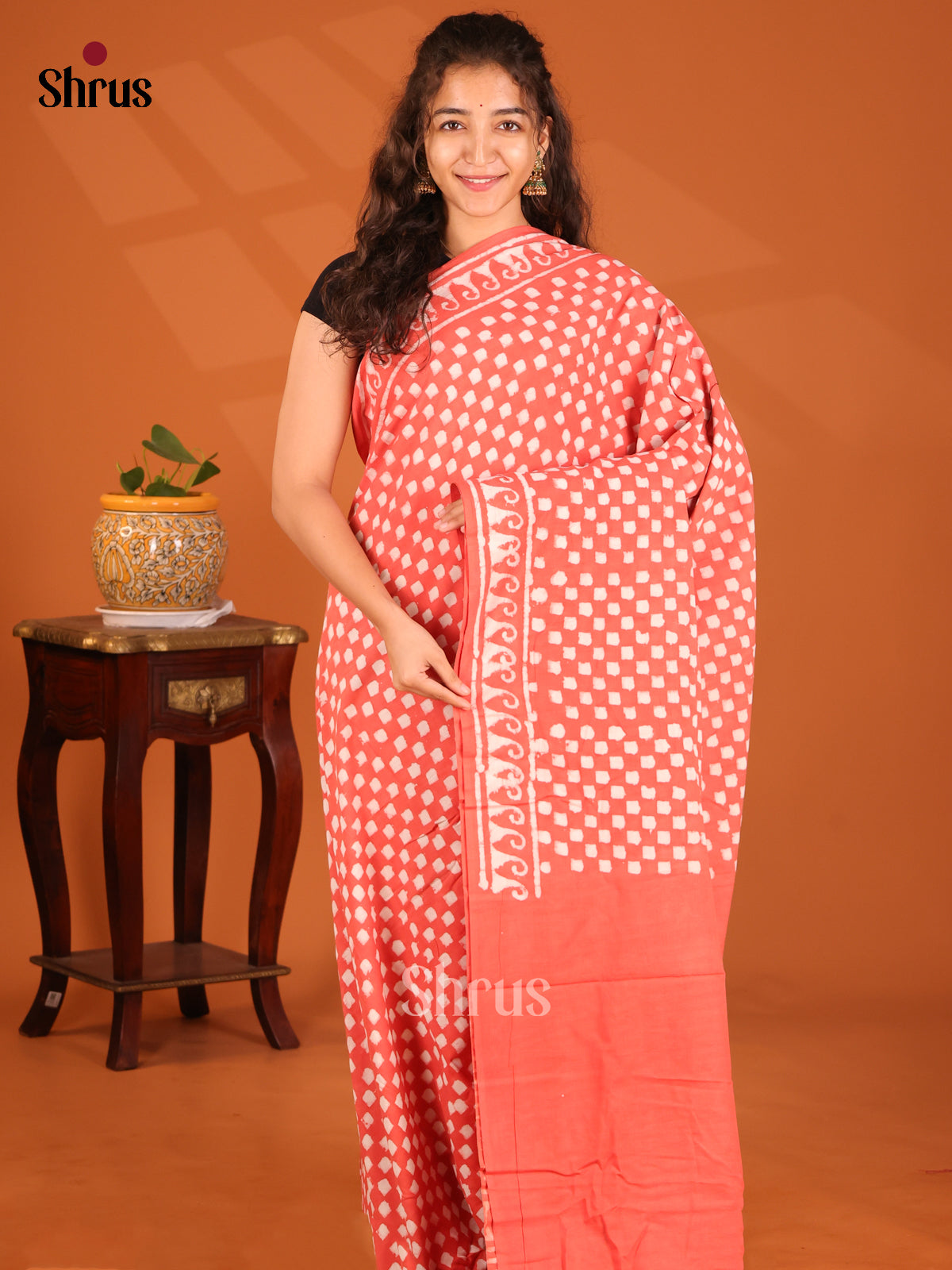 Peachish Pink- Jaipur cotton Saree - Shop on Shrus.com