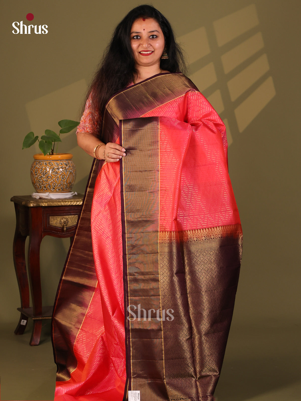 Pretty Orangish Pink Soft Silk Saree with zari stripes buttas ,contrast zari kaddi border - Shop on Shrus.com