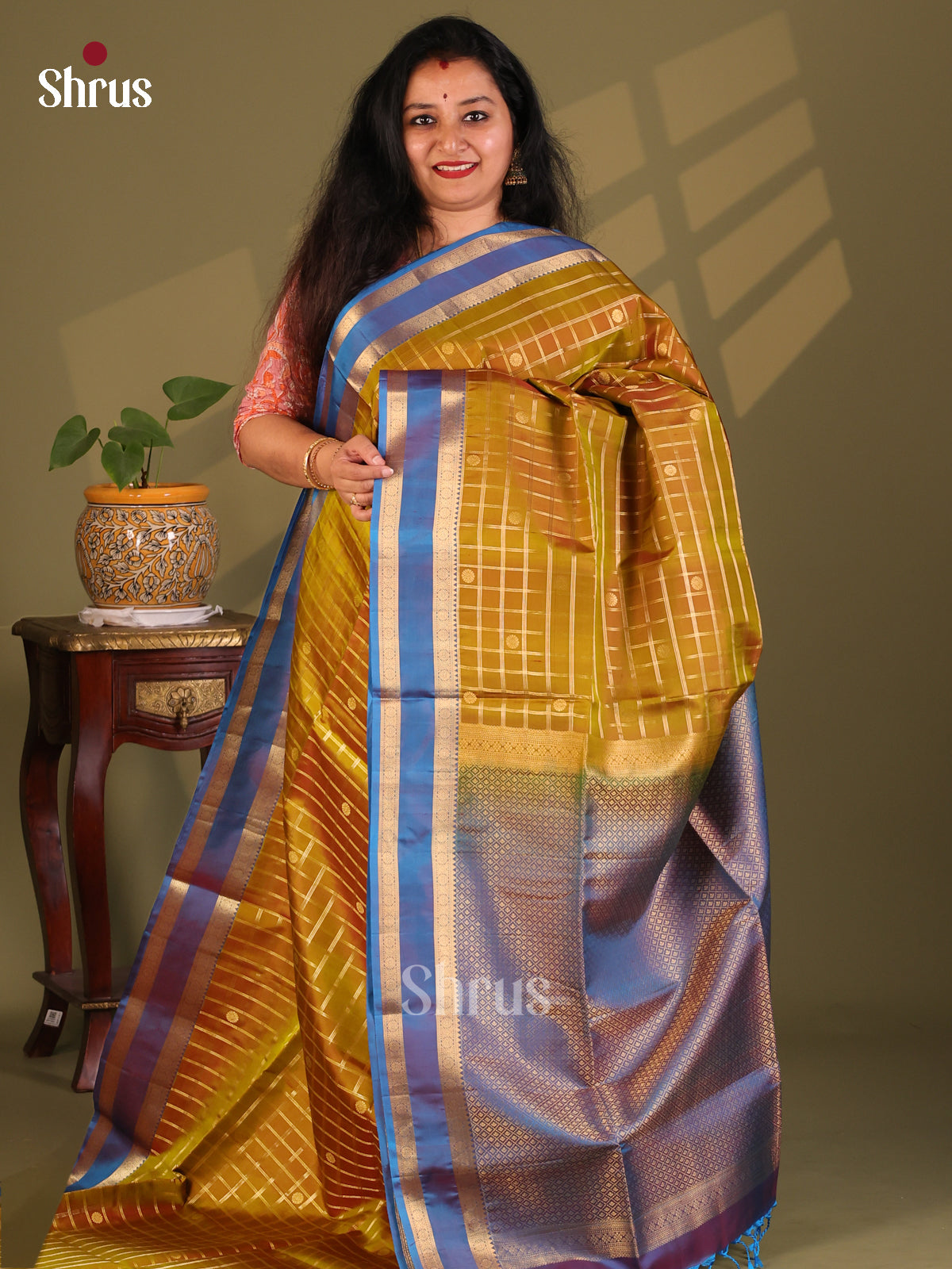 Luminous Double Shaded Mustardy Green Soft Silk Saree with zari checks , Rettaipet zari Border - Shop on Shrus.com