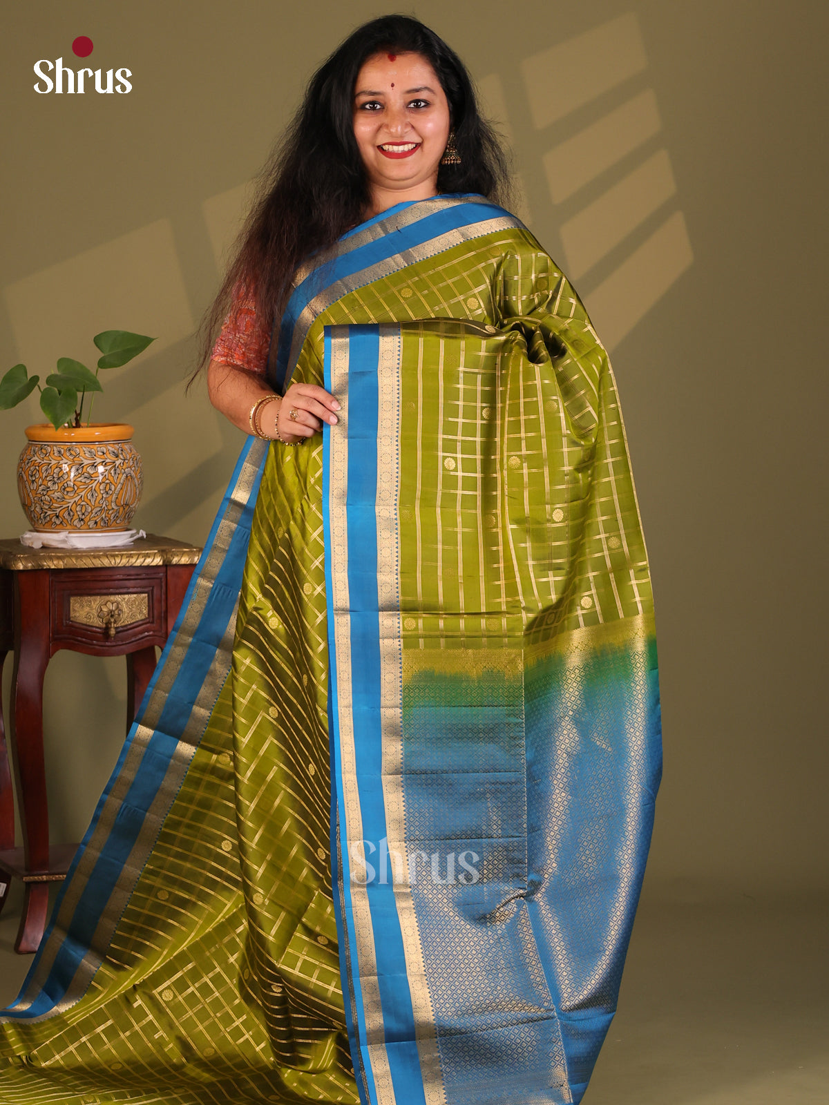 Pretty Apple Green Soft Silk Saree with zari woven checks, buttas & Contrast Rettaipet Border - Shop on Shrus.com
