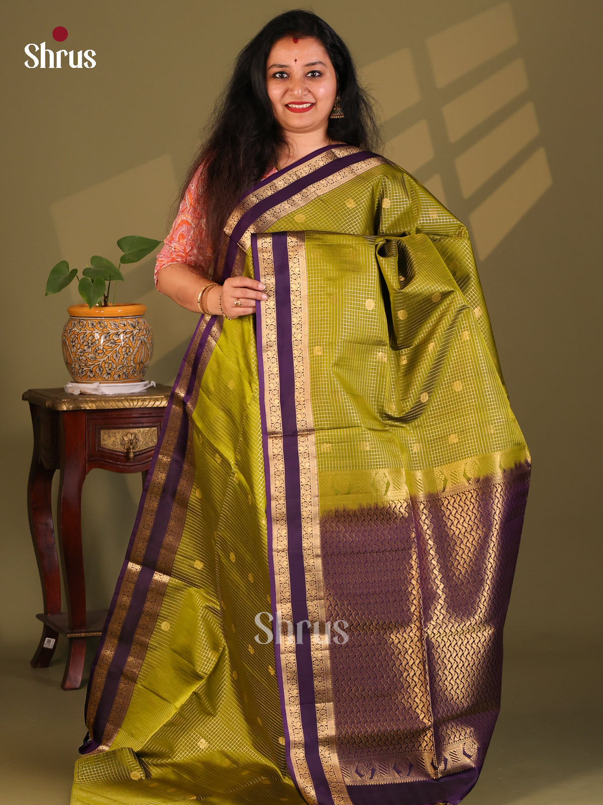 Subtle Mehandi Green & Violet Soft Silk Saree with vaira oosi stripes, rettaipet border - Shop on Shrus.com