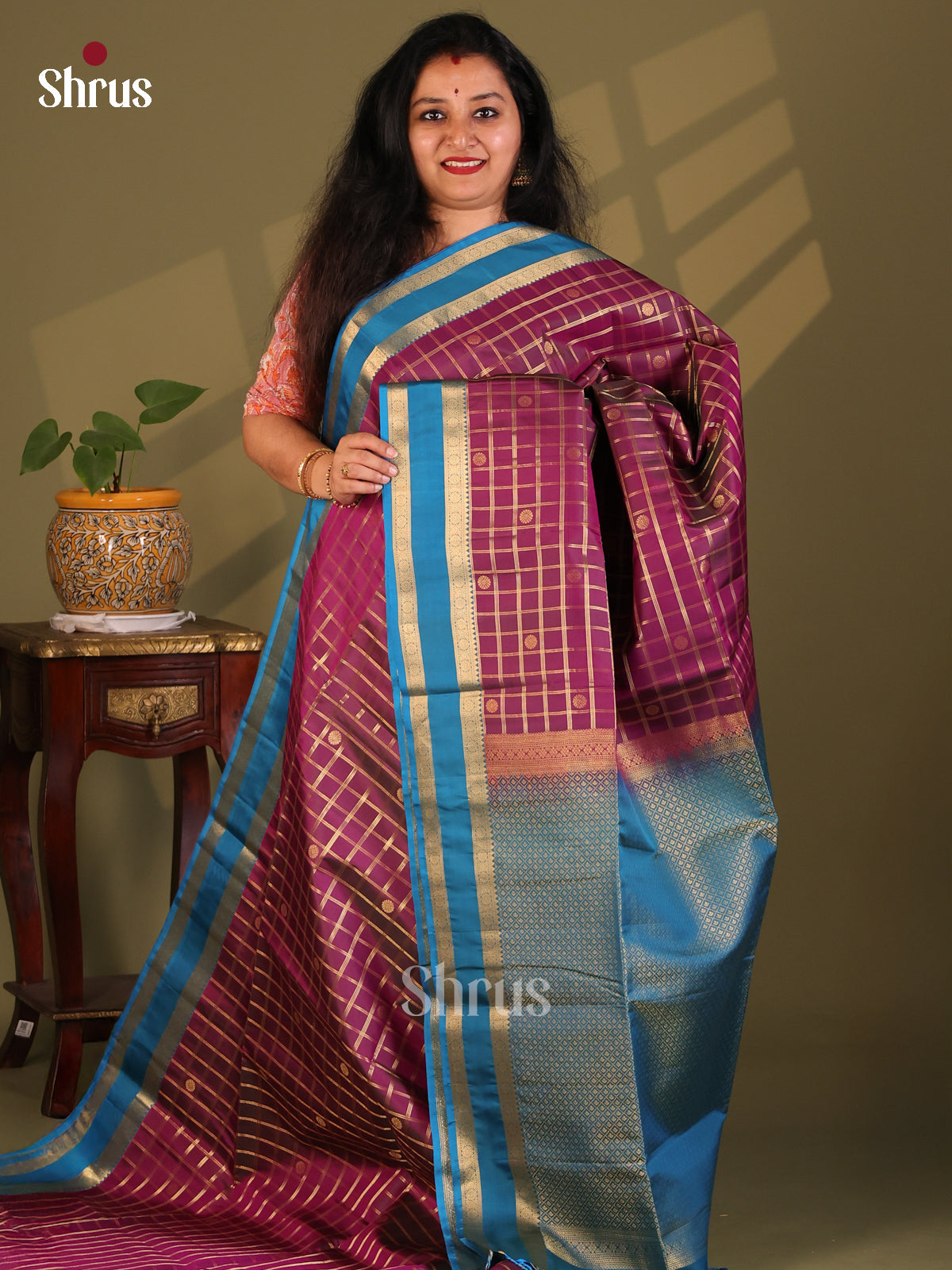Beautiful Jamun Soft Silk Saree zari woven checks, buttas , blue rettaipet zari border - Shop on Shrus.com