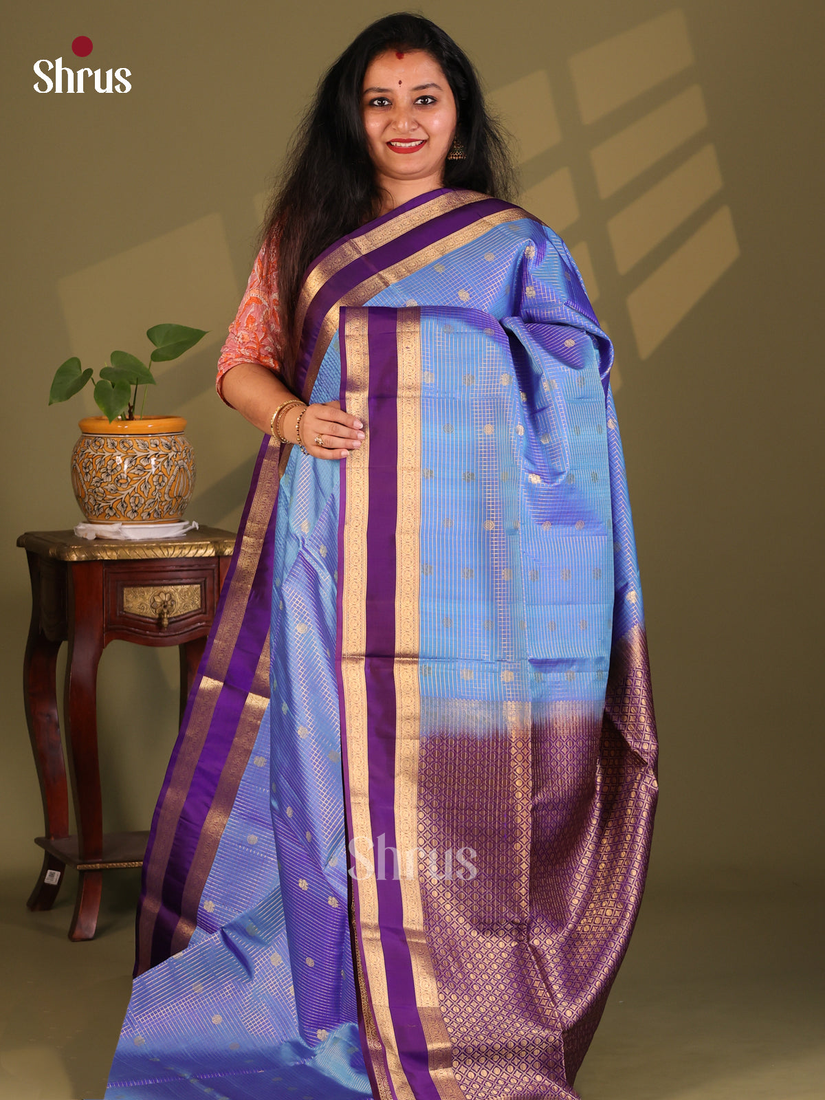 Serene Blue & Violet Soft Silk Saree with vaira oosi checks , rettaipet border - Shop on Shrus.com