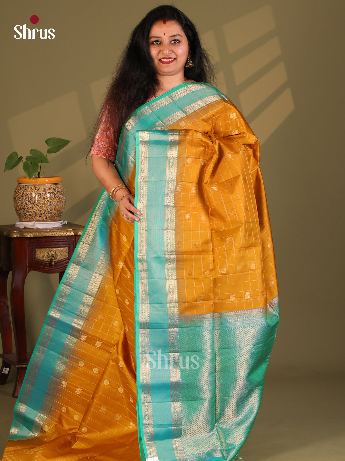 Lumionus Mustard Soft Silk Saree Zari woven checks , buttas , wavy brocade pallu - Shop on Shrus.com