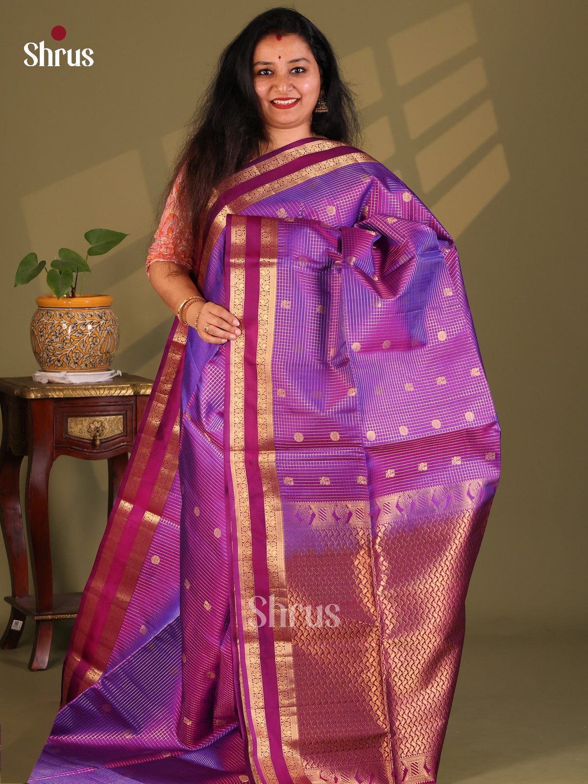 Sophisticated Violet Soft Silk Saree with vaira oosi zari checks , wavy brocade pallu - Shop on Shrus.com