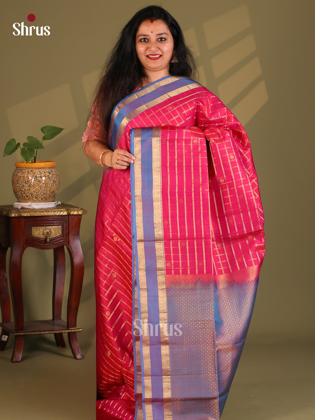 Charming Pink Soft Silk Saree with gold zari checks , rettaipet border - Shop on Shrus.com