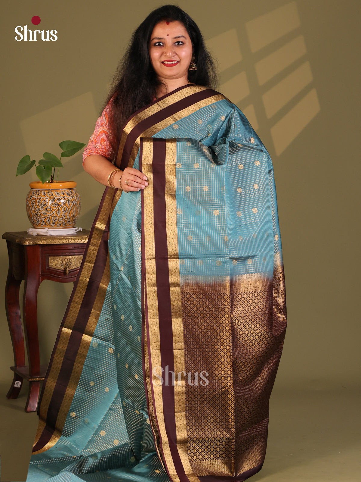 Dazzling Blue & Brown Soft Silk Saree with Vaira oosi checks & contrast Rettaipet Border - Shop on Shrus.com